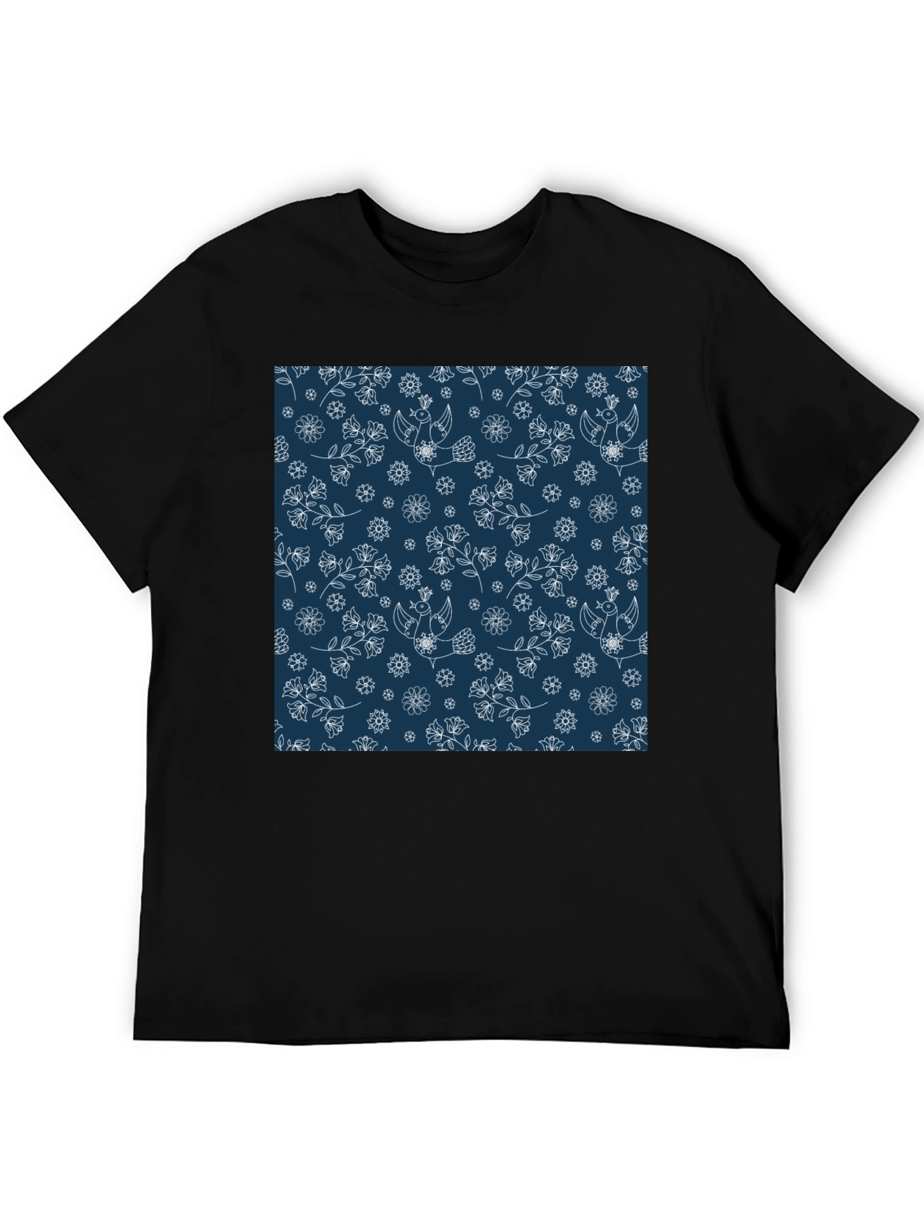 Floral Bird Print Black T-Shirt