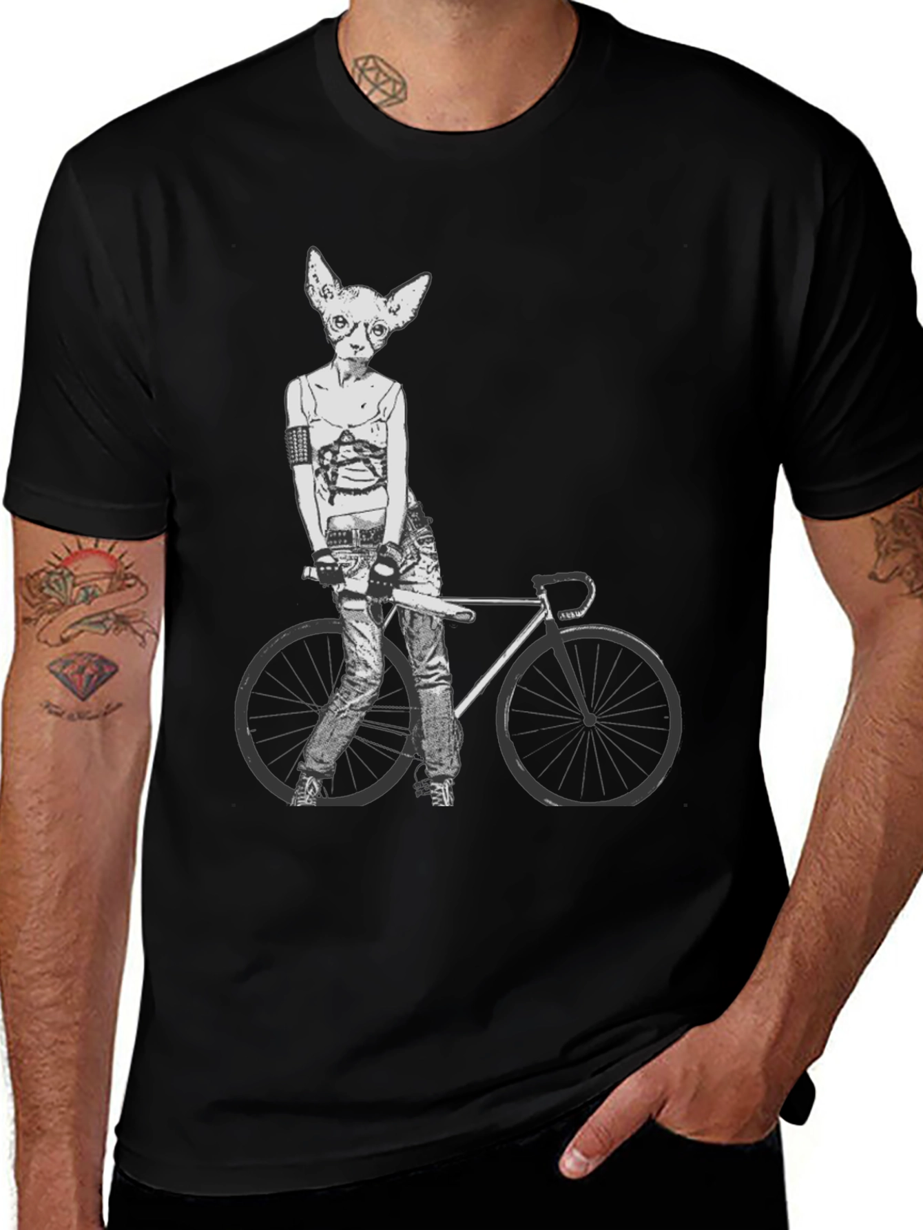 Unique Cat Biker Graphic Tee - Black