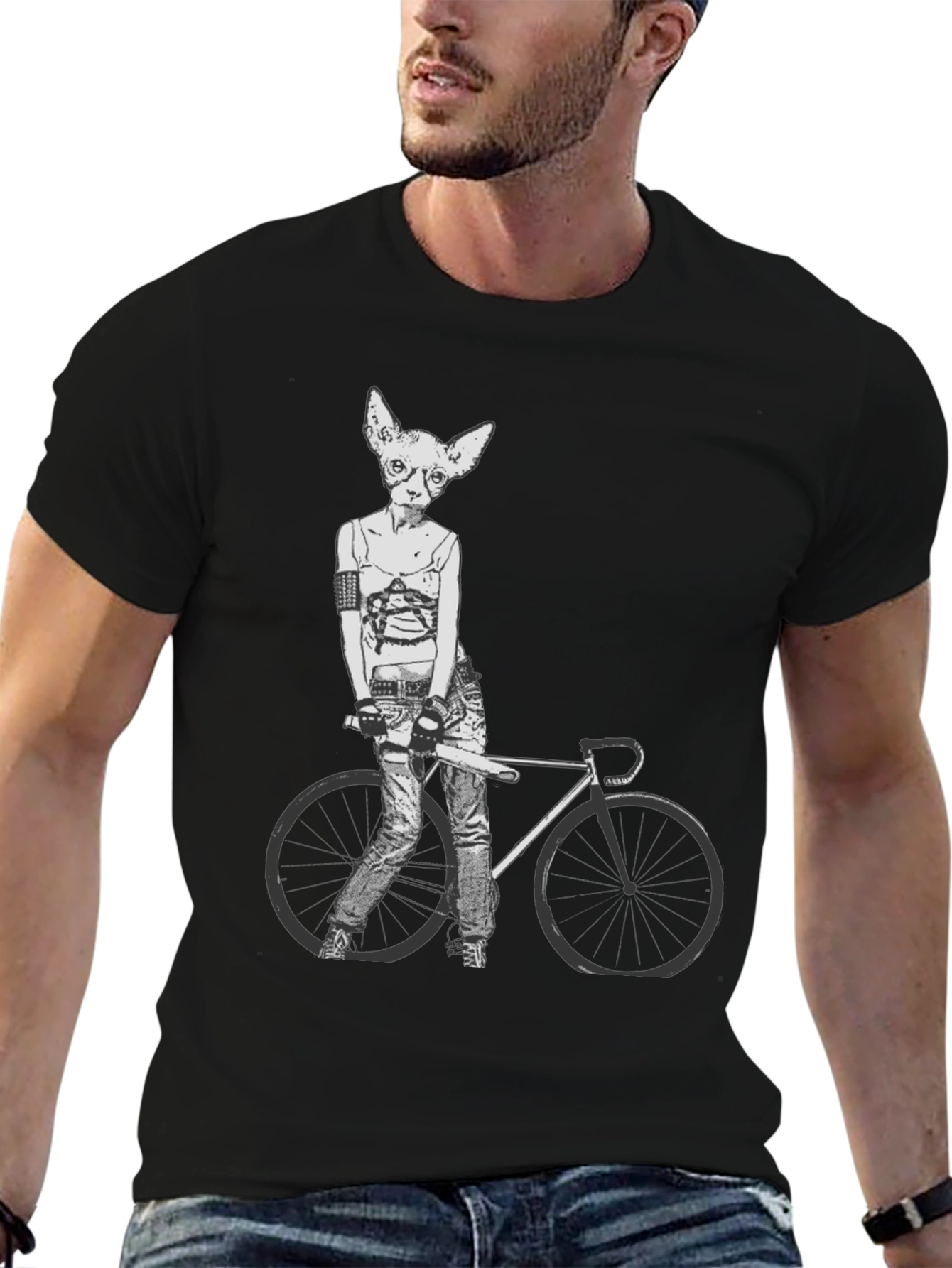 Unique Cat Biker Graphic Tee - Black