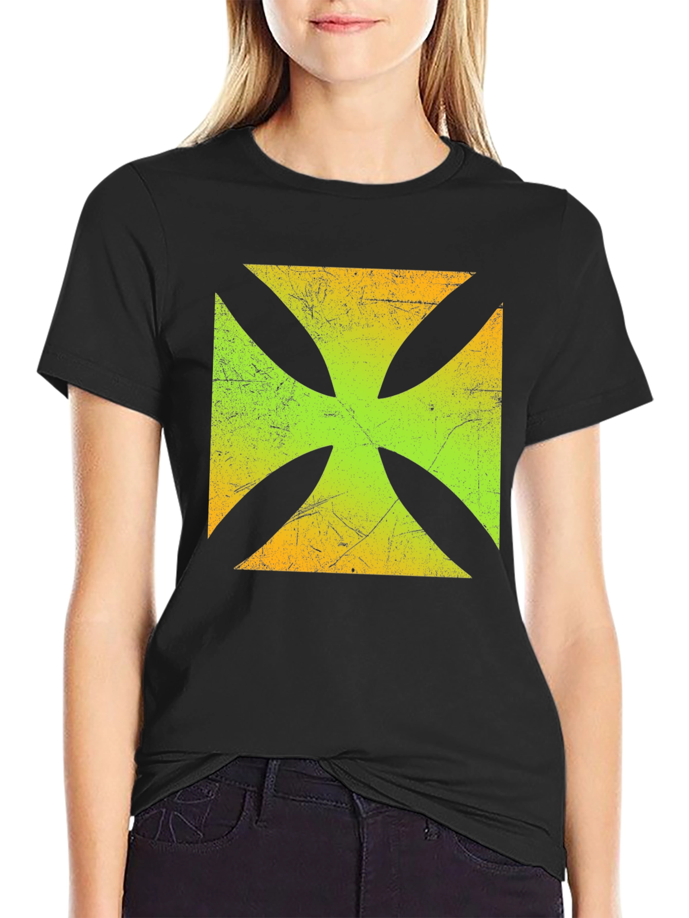 Distressed Malteser Cross Graphic T-Shirt - Black
