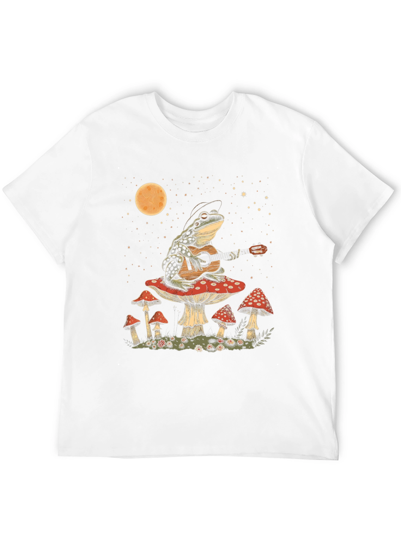 Frog Guitarist on Mushroom T-Shirt - Black Cotton Tee