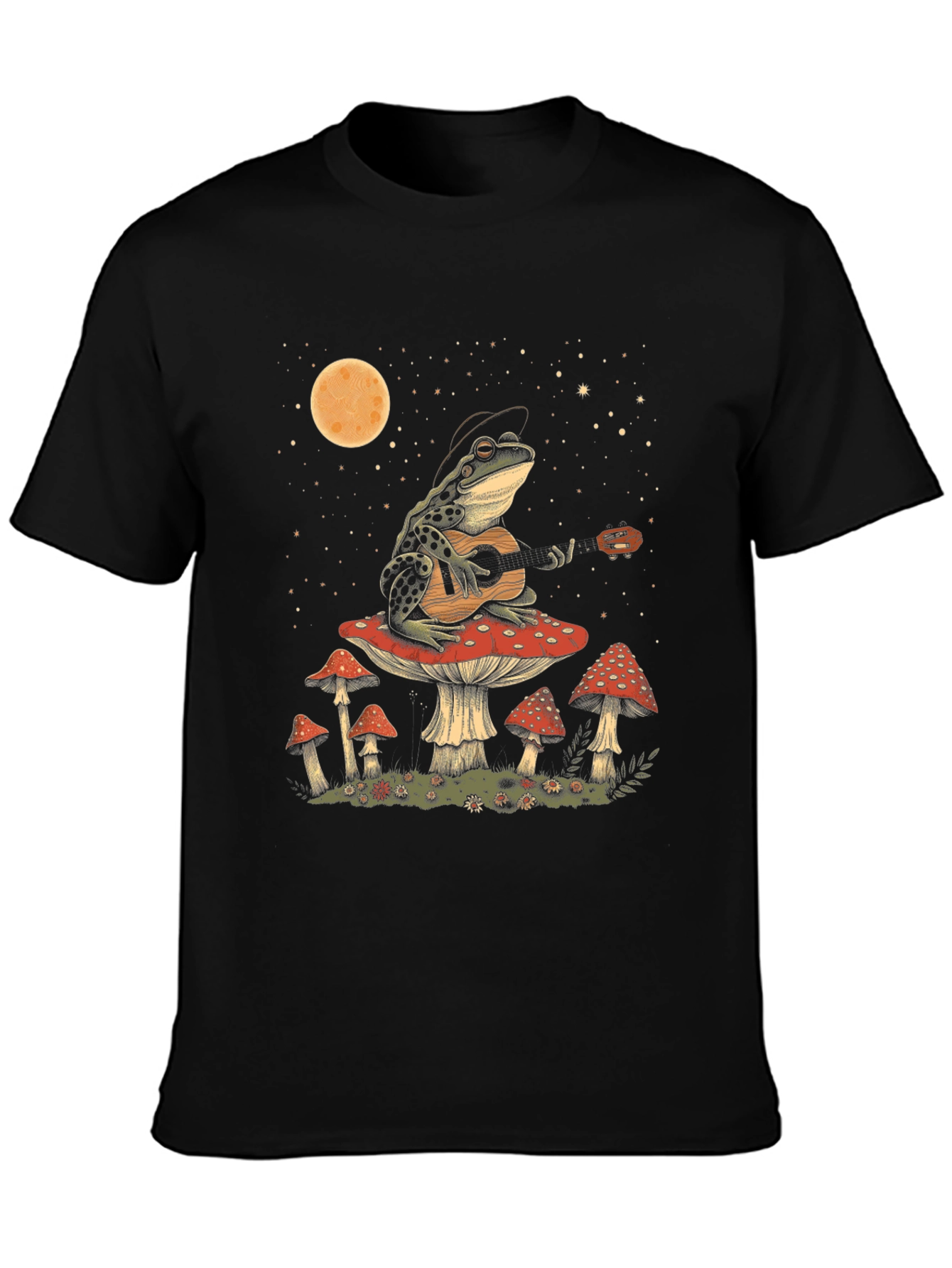 Frog Guitarist on Mushroom T-Shirt - Black Cotton Tee