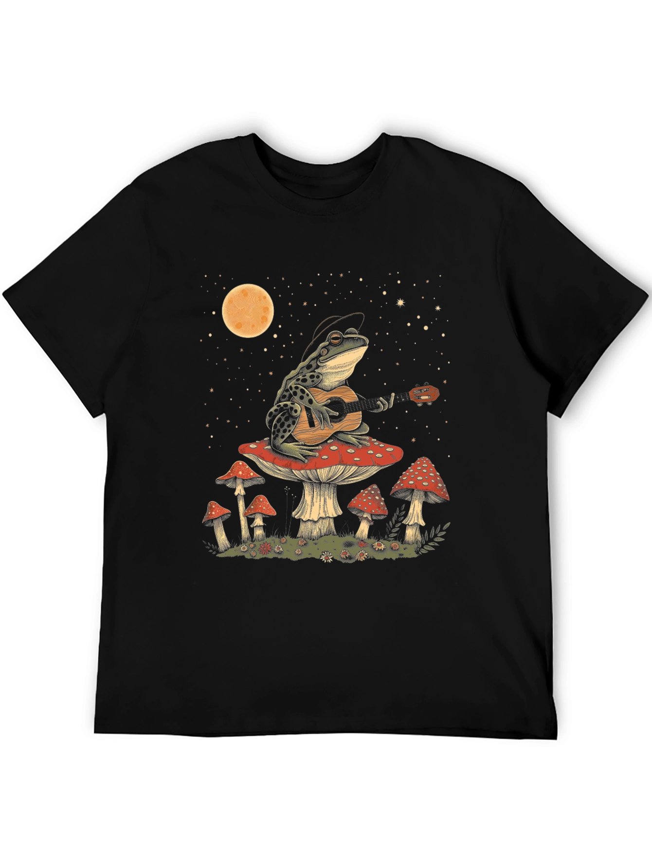 Frog Guitarist on Mushroom T-Shirt - Black Cotton Tee