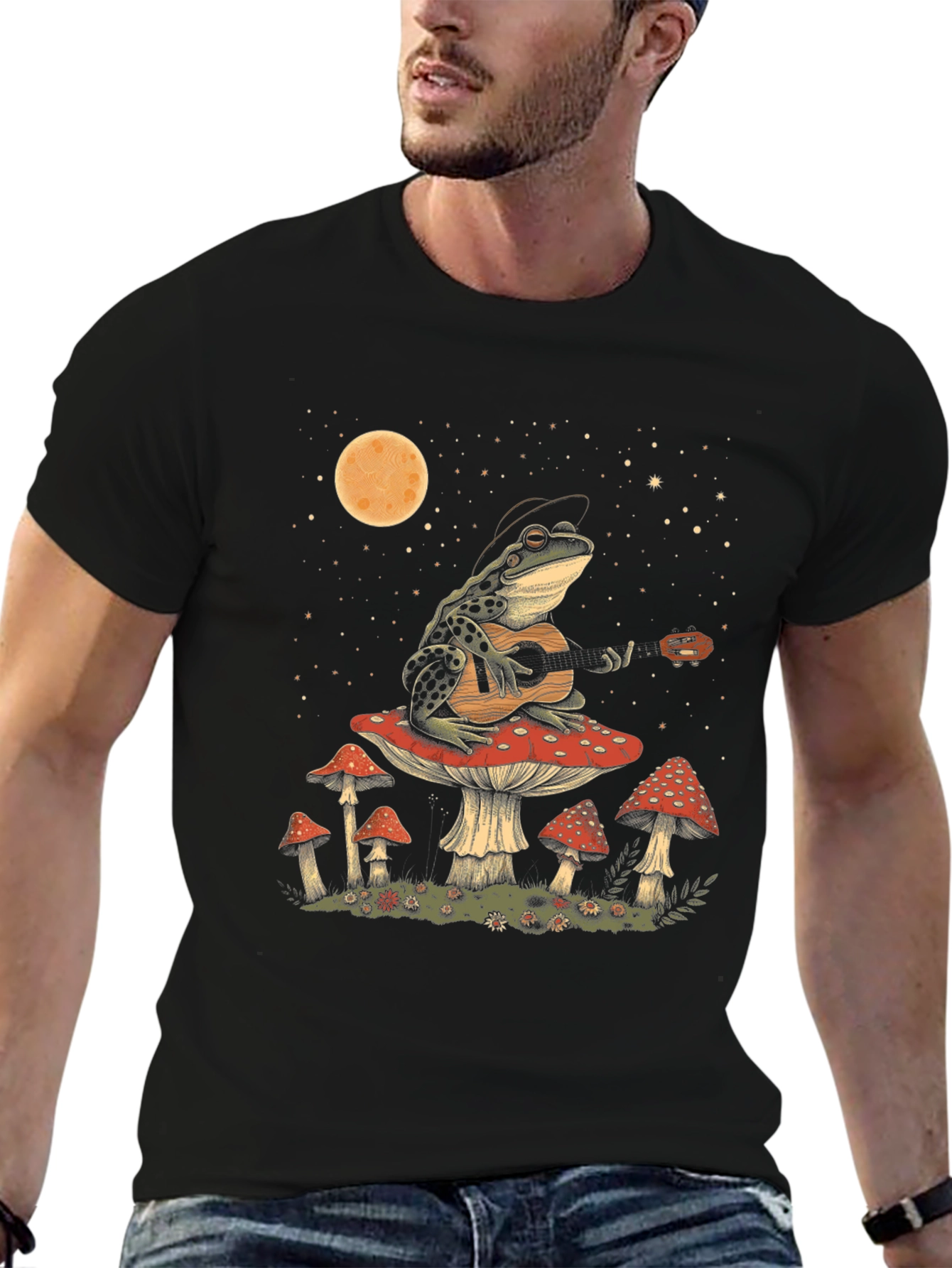 Frog Guitarist on Mushroom T-Shirt - Black Cotton Tee