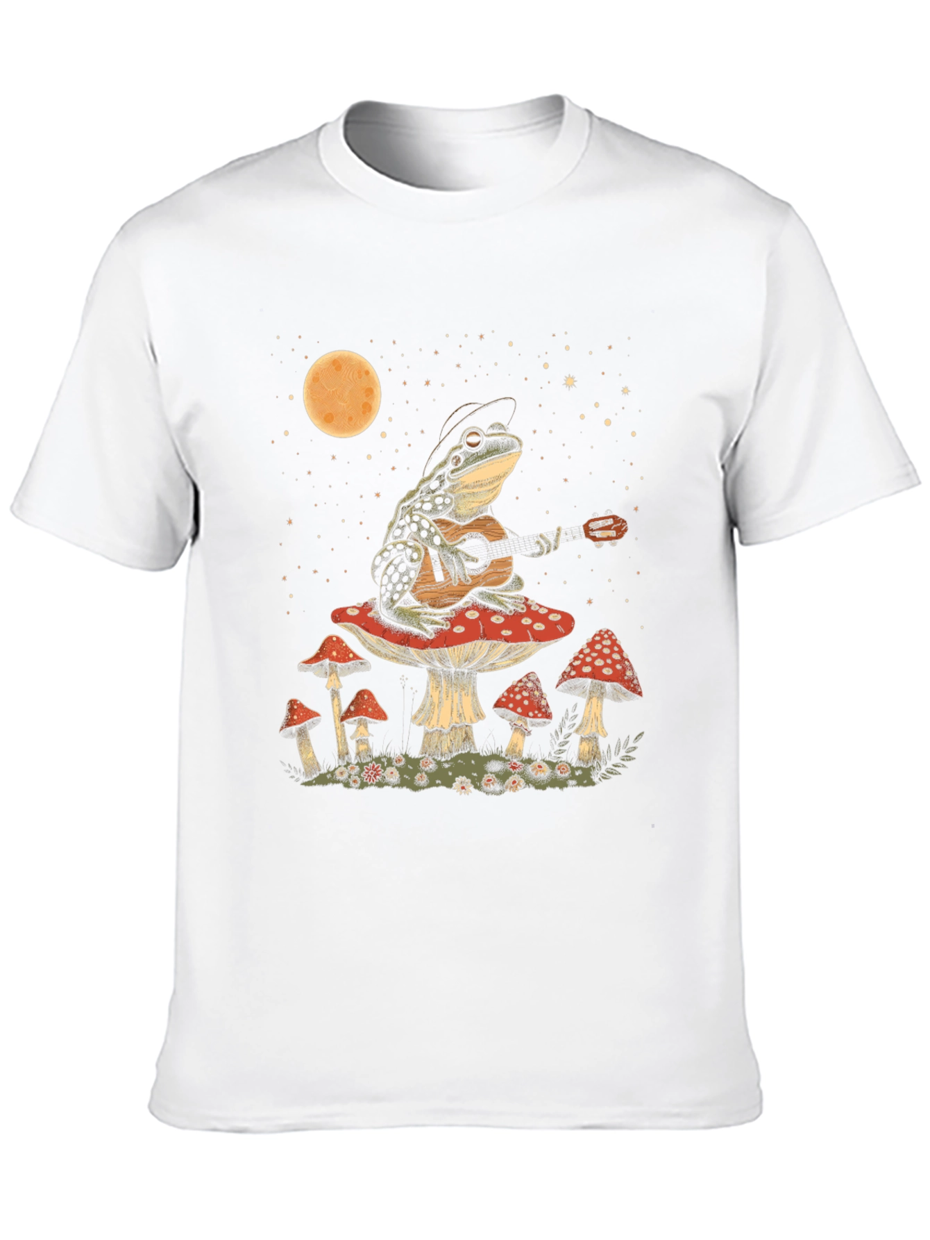 Frog Guitarist on Mushroom T-Shirt - Black Cotton Tee