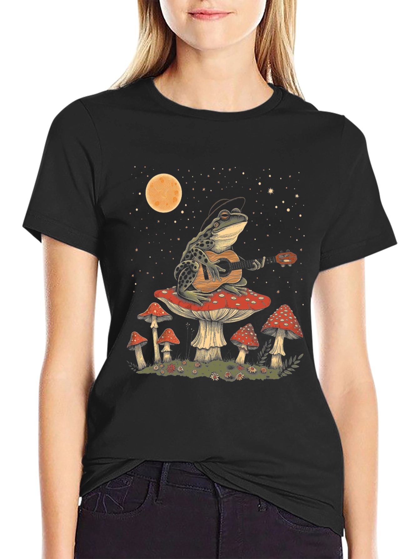 Frog Guitarist on Mushroom T-Shirt - Black Cotton Tee