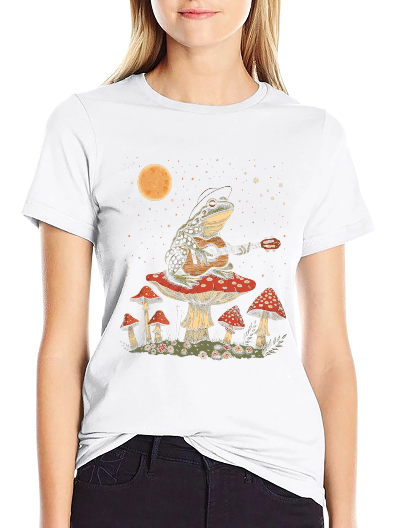 Frog Guitarist on Mushroom T-Shirt - Black Cotton Tee