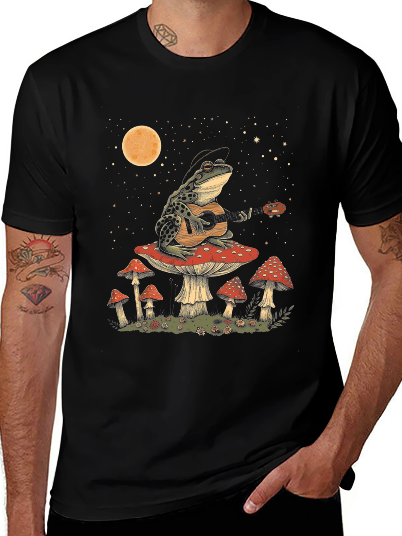Frog Guitarist on Mushroom T-Shirt - Black Cotton Tee