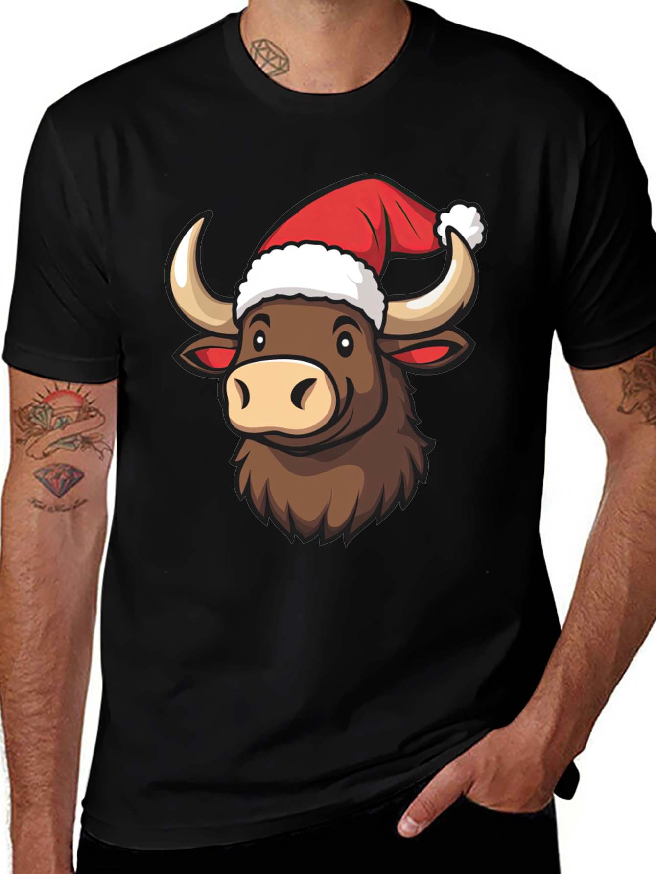 Festive Bull T-Shirt - Holiday Cartoon Graphic Tee