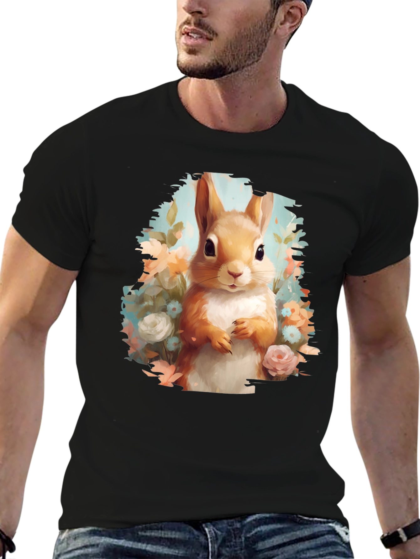 Squirrel Floral Graphic Tee - Black Unisex T-Shirt
