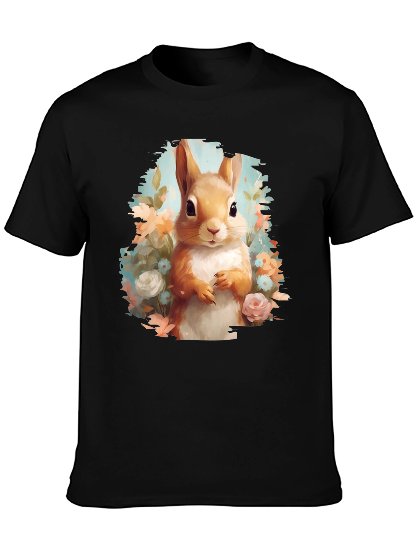 Squirrel Floral Graphic Tee - Black Unisex T-Shirt