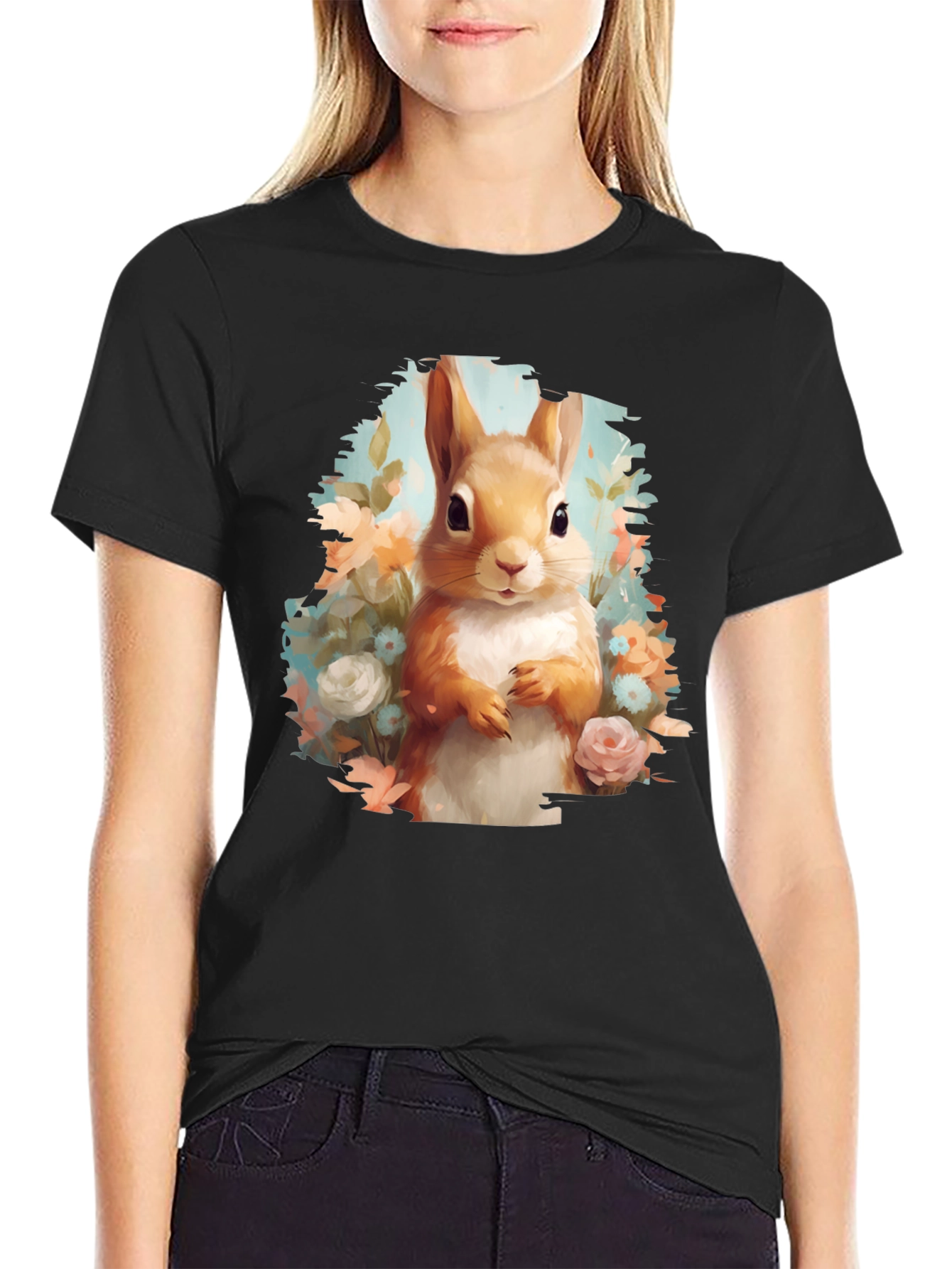 Squirrel Floral Graphic Tee - Black Unisex T-Shirt