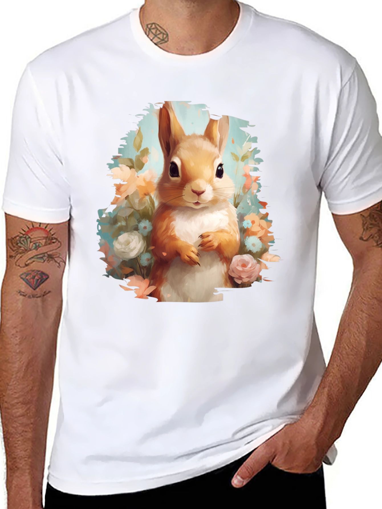 Squirrel Floral Graphic Tee - Black Unisex T-Shirt