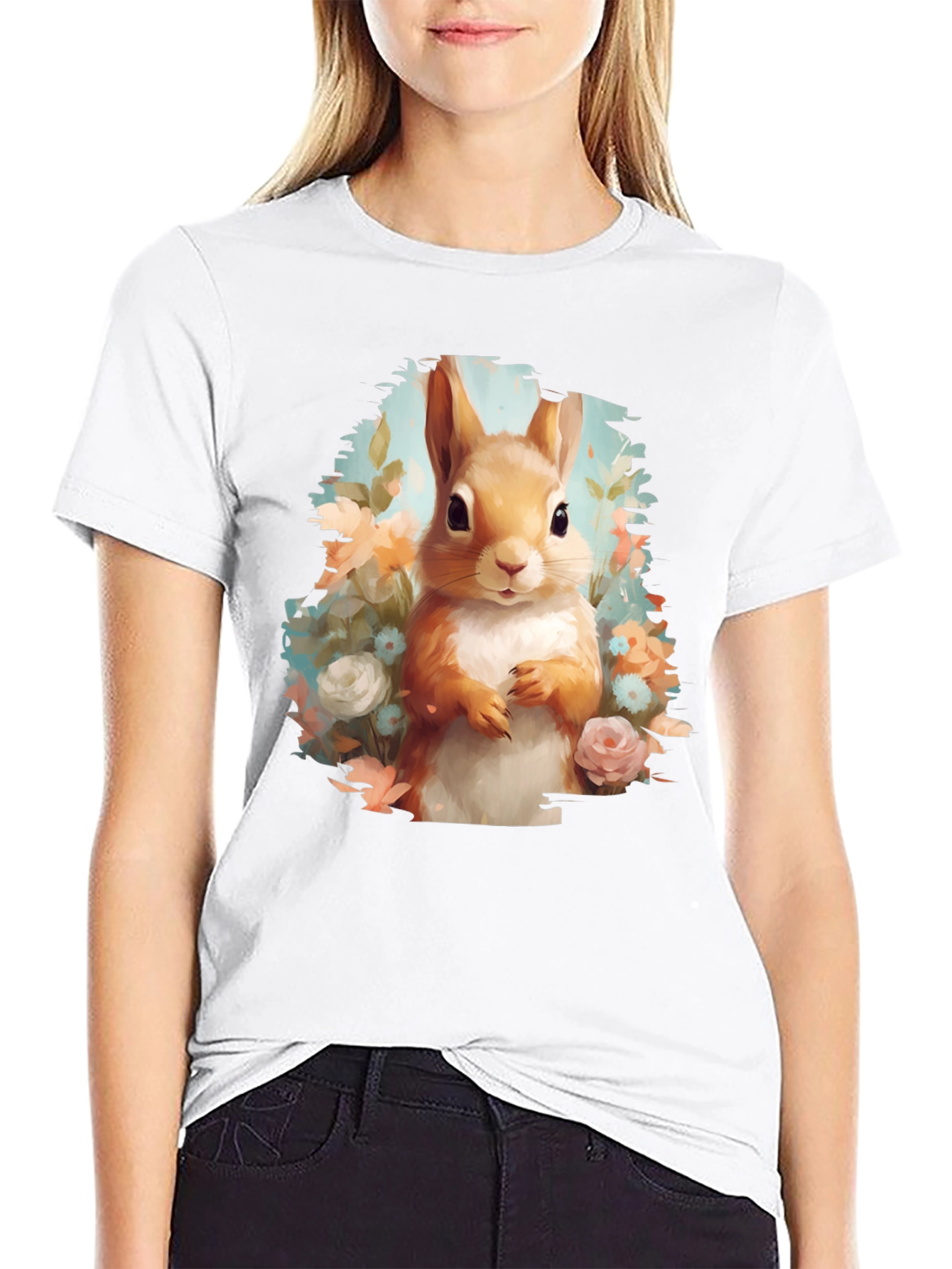Squirrel Floral Graphic Tee - Black Unisex T-Shirt