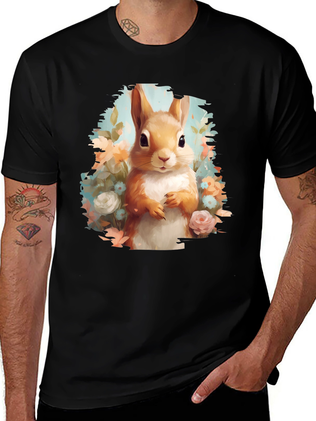 Squirrel Floral Graphic Tee - Black Unisex T-Shirt