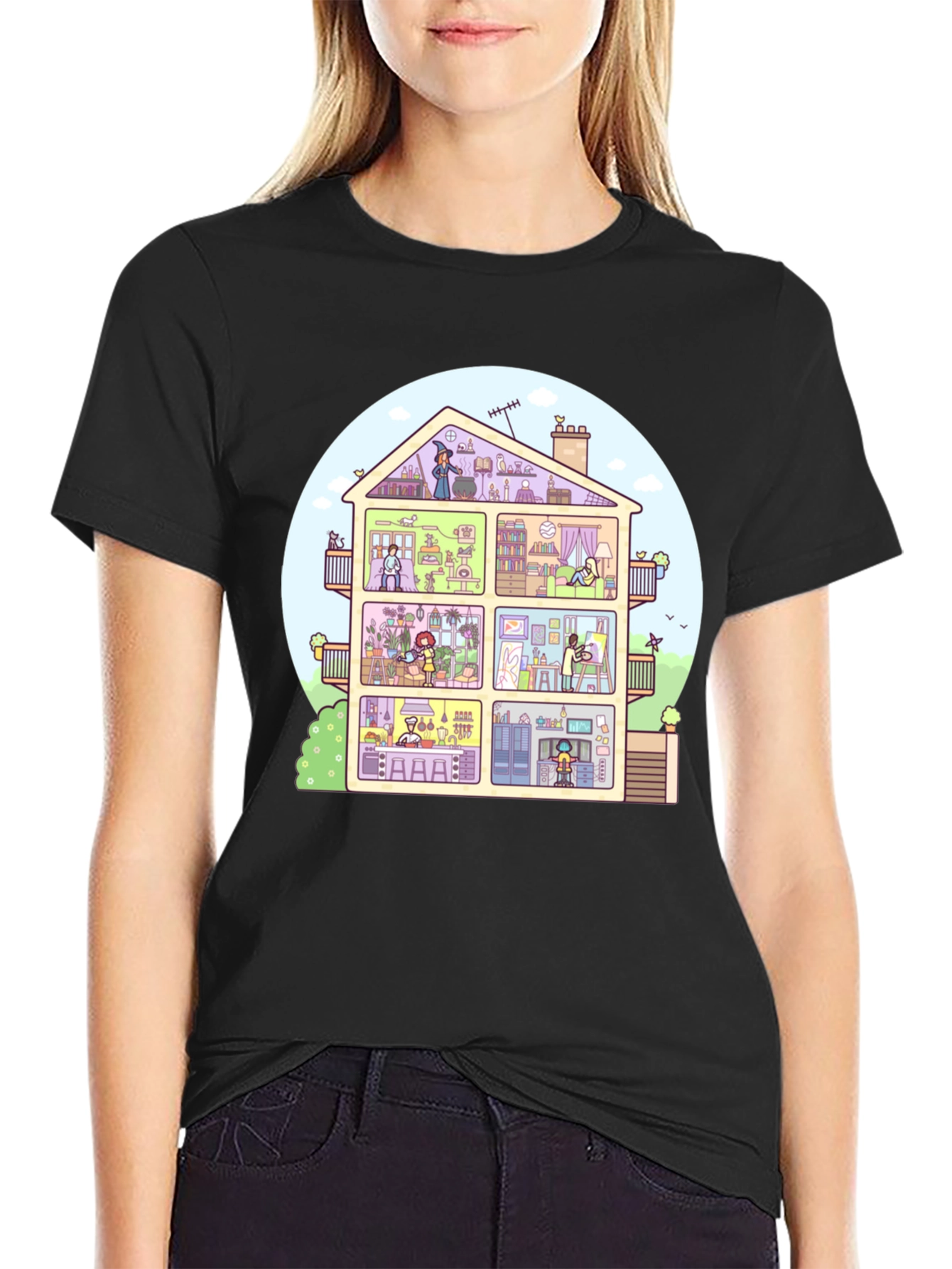 Cartoon House T-Shirt - Black
