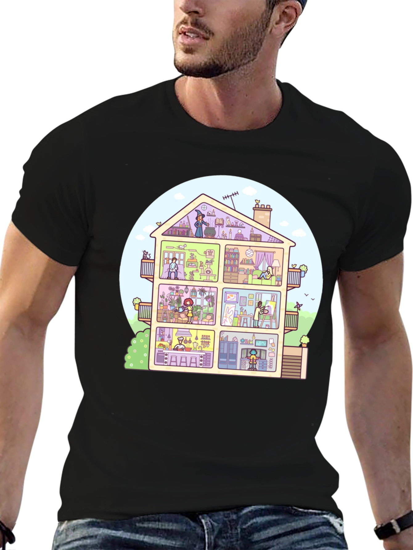 Cartoon House T-Shirt - Black