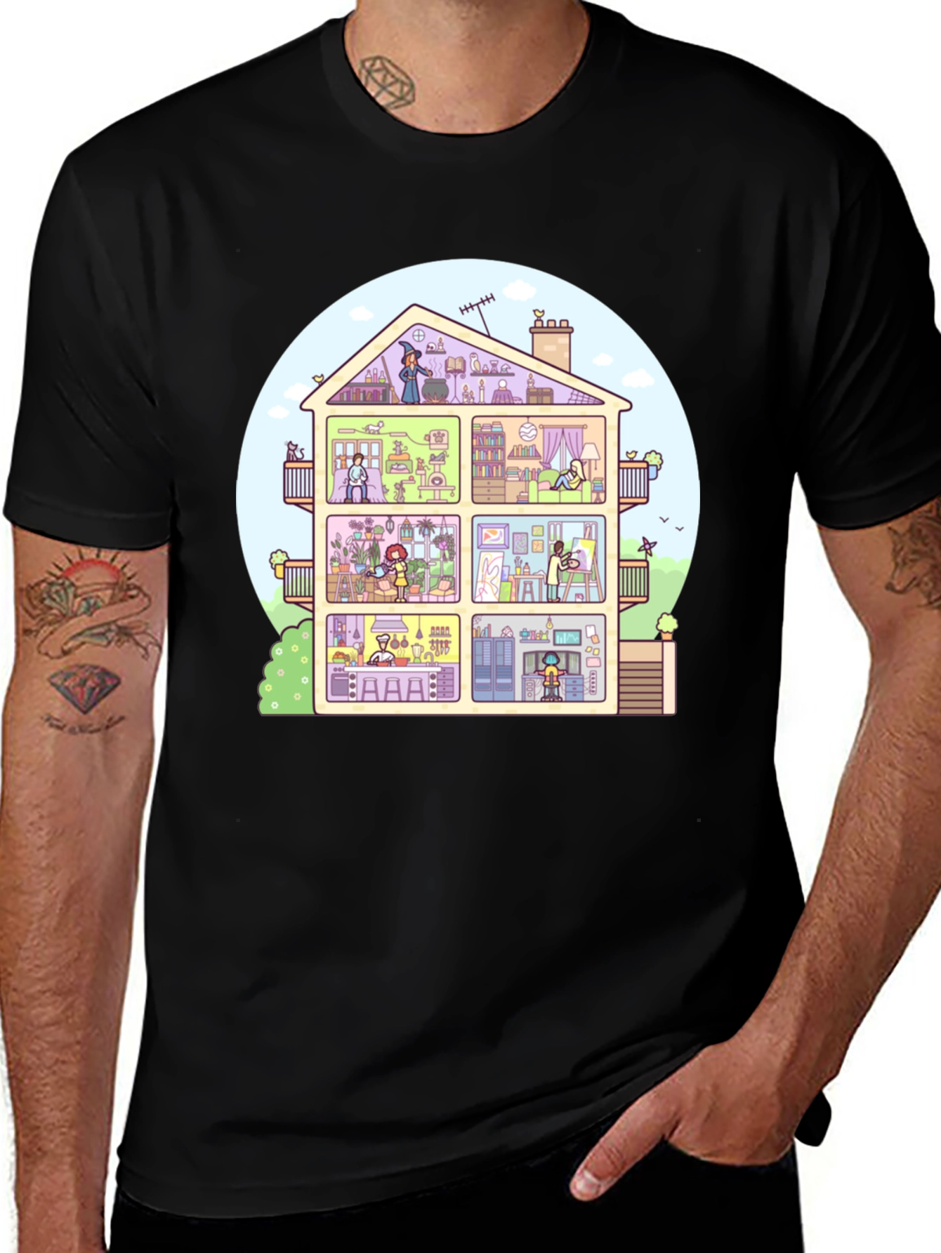 Cartoon House T-Shirt - Black