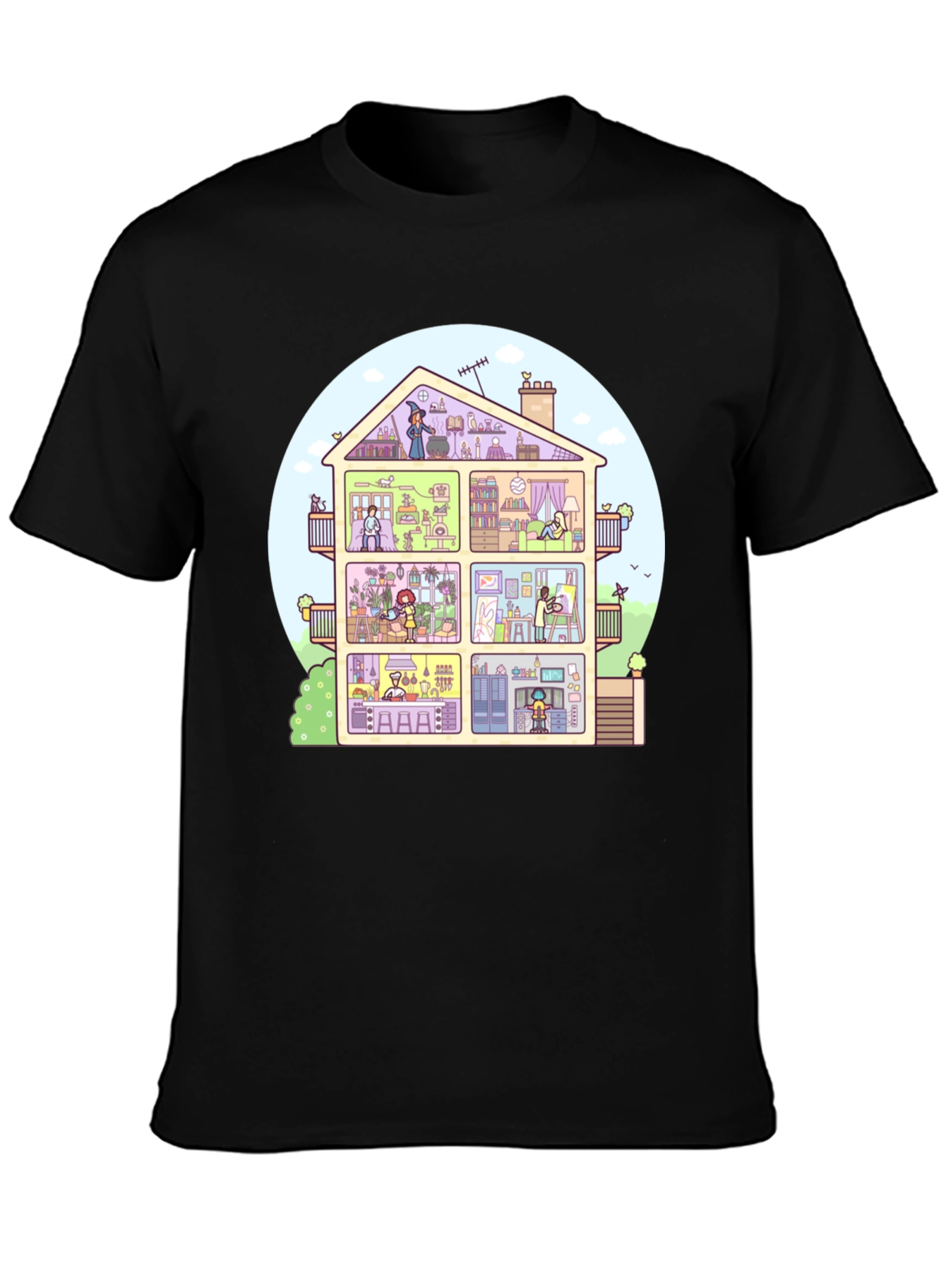 Cartoon House T-Shirt - Black