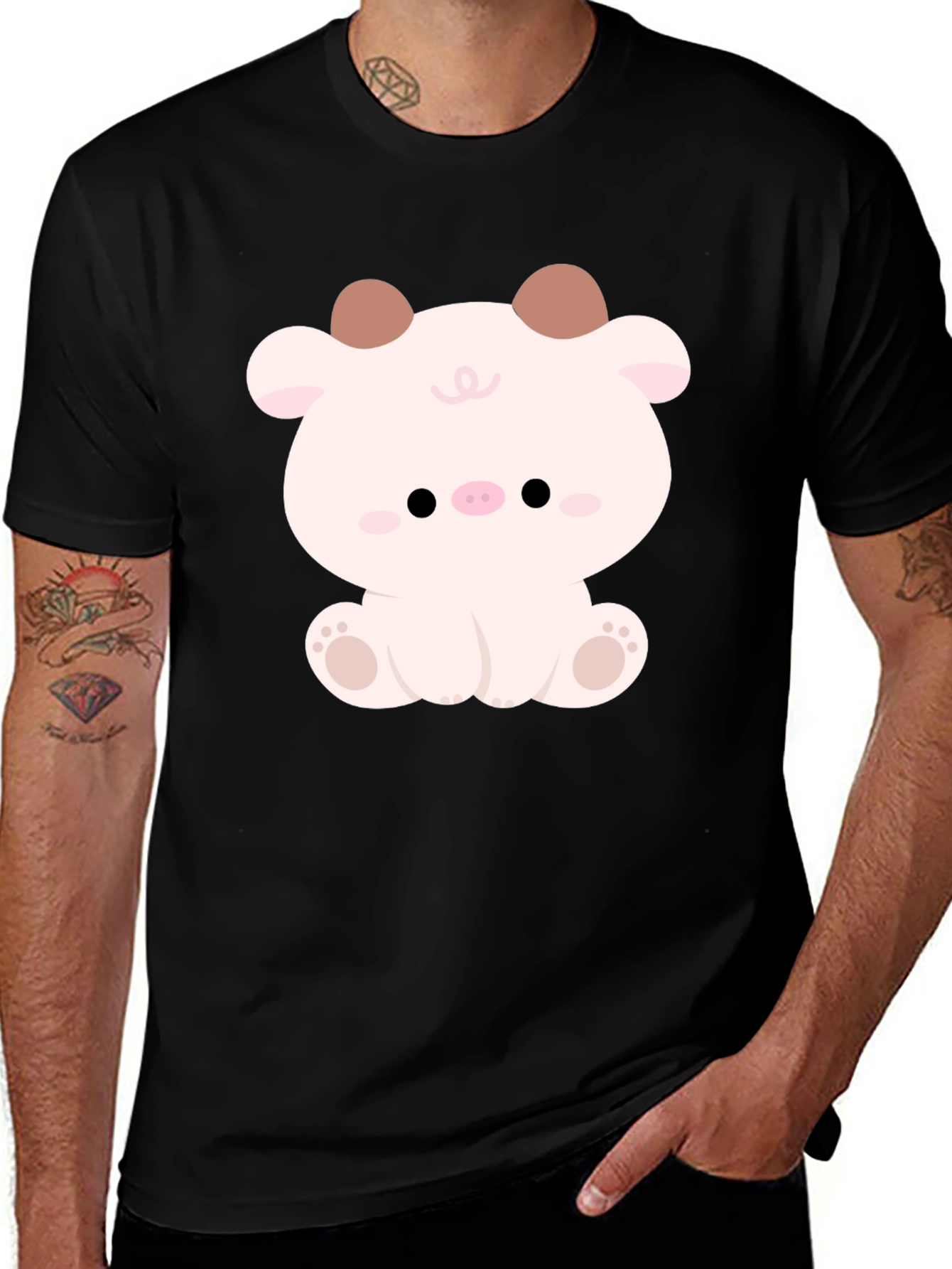 Cute Cartoon Animal Graphic Black T-Shirt