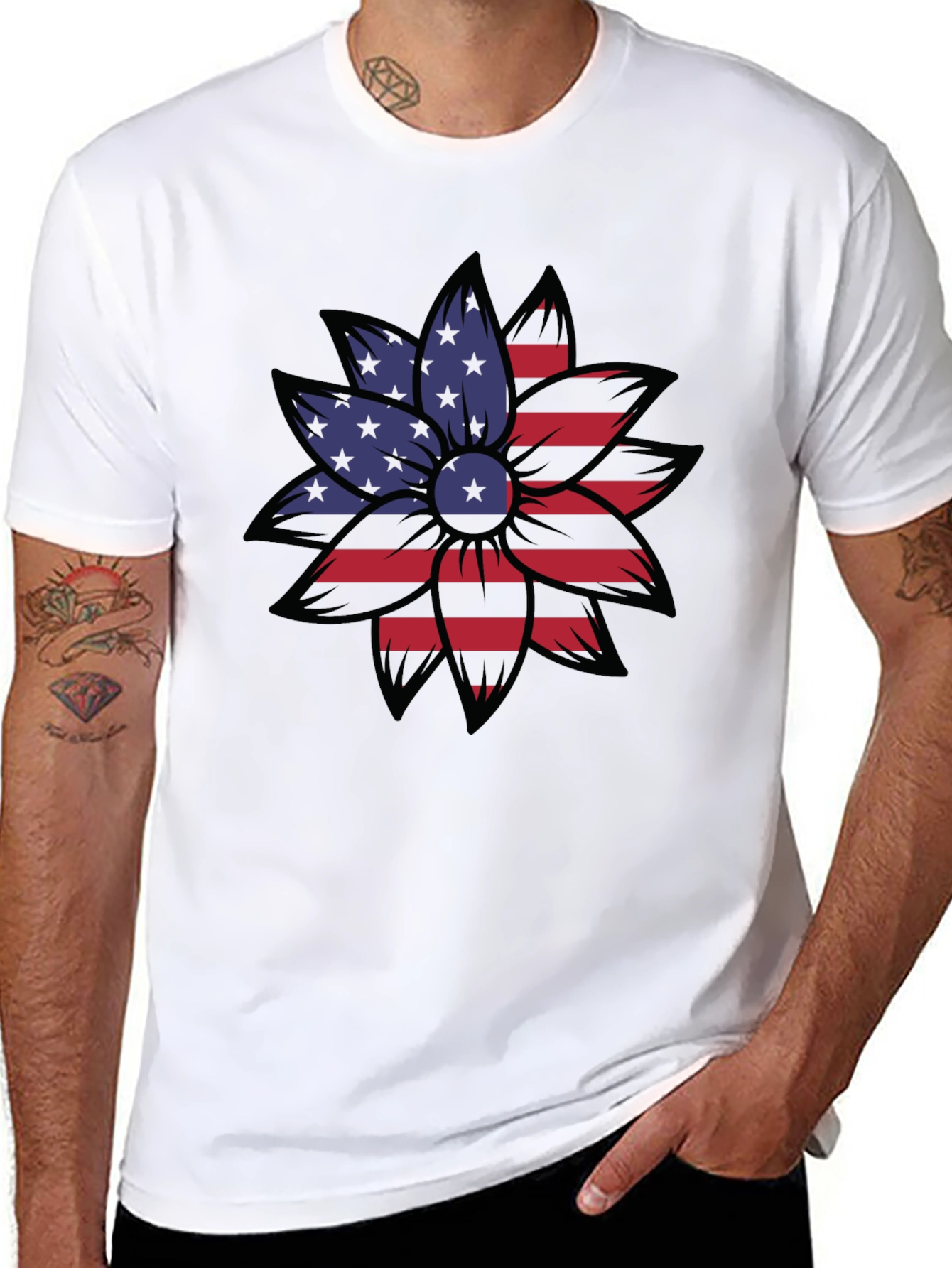 American Flag Flower Graphic Tee - Patriotic Style