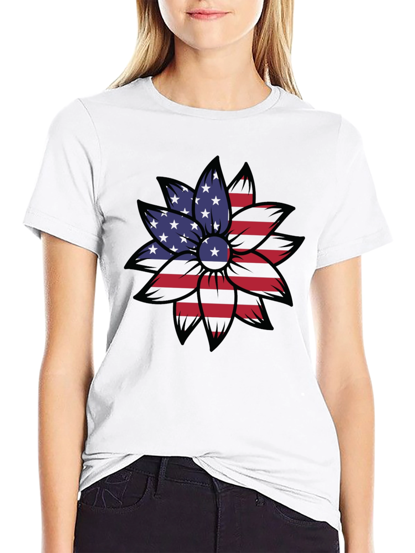 American Flag Flower Graphic Tee - Patriotic Style