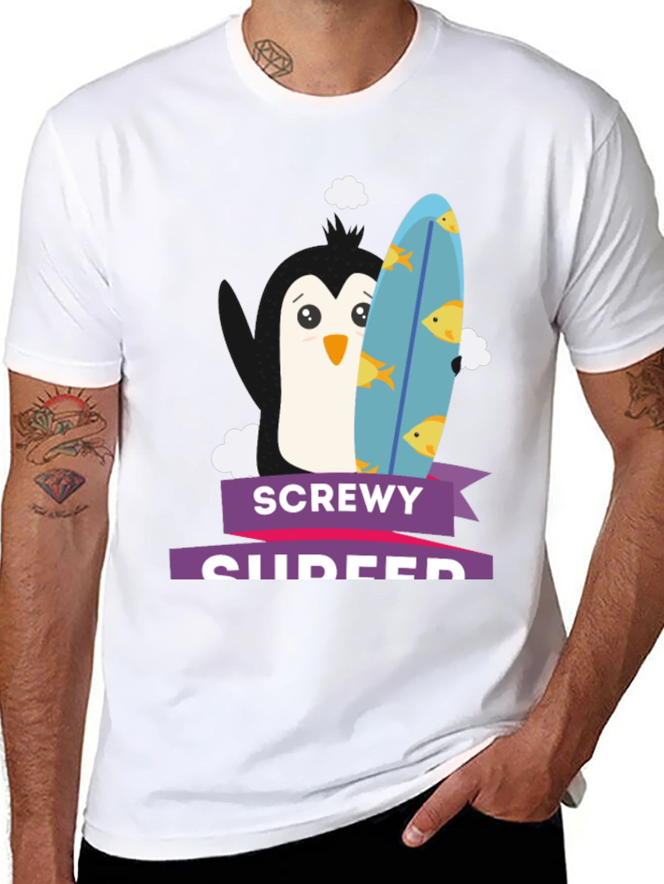 Screwey Surfer T-Shirt - Penguin Design