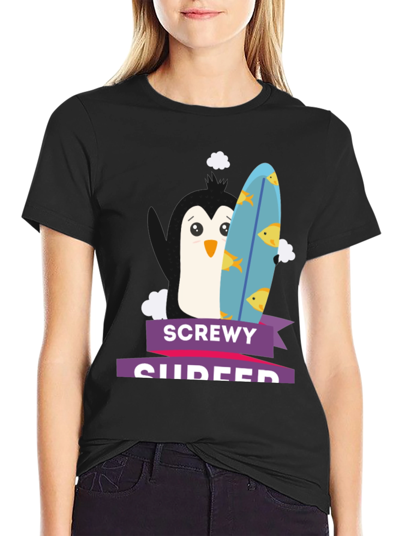 Screwey Surfer T-Shirt - Penguin Design