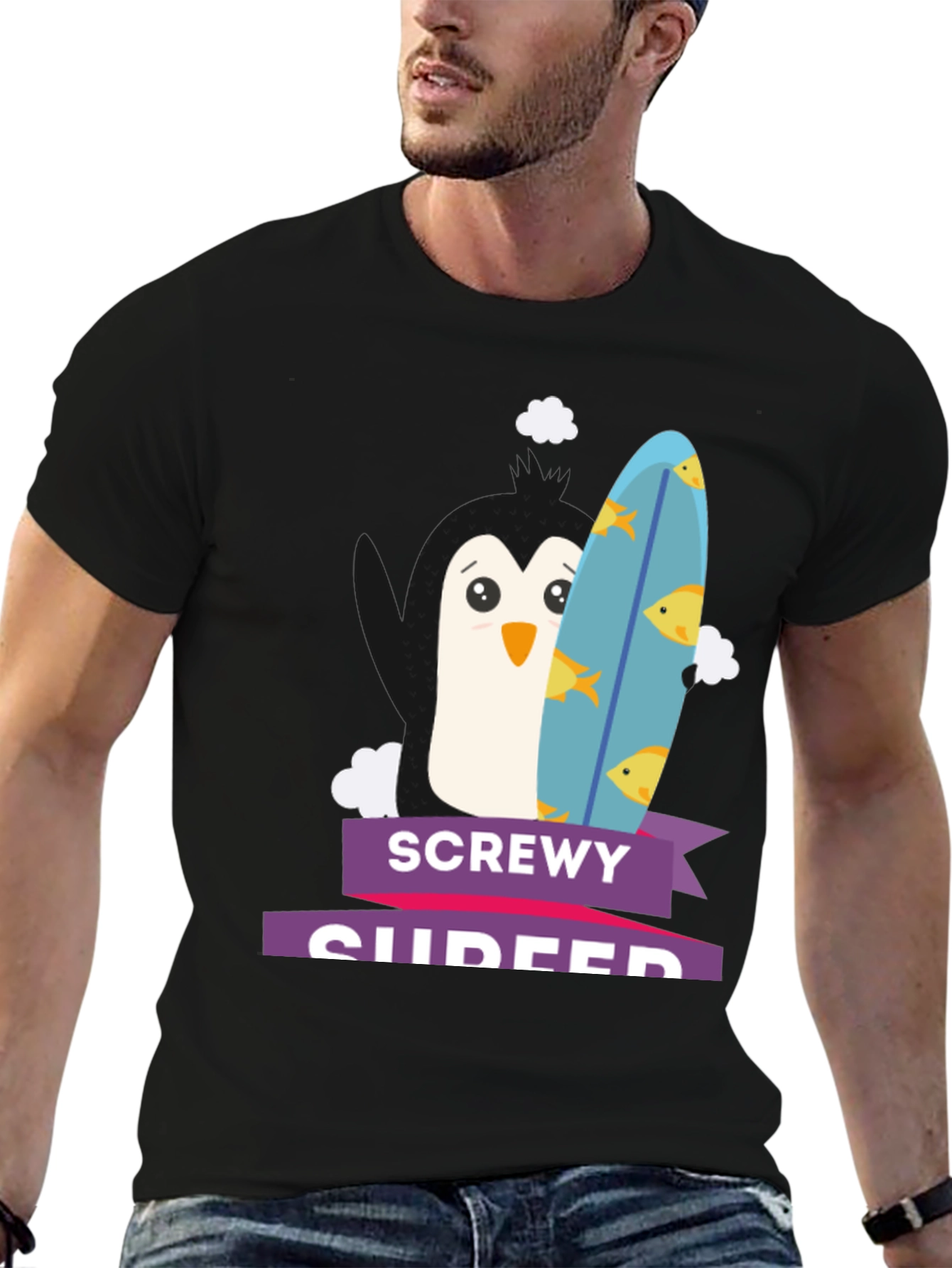 Screwey Surfer T-Shirt - Penguin Design