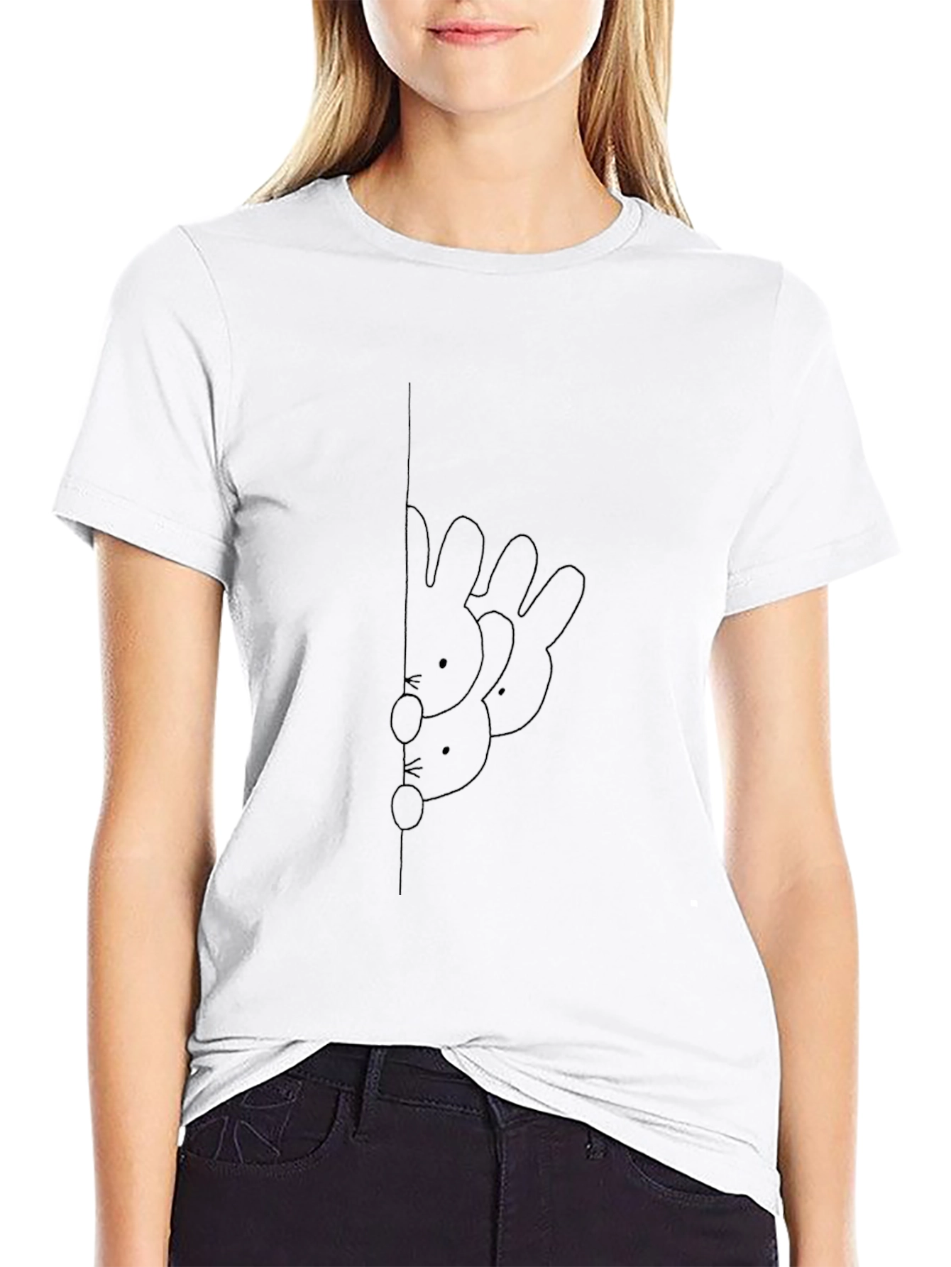 Black Tee with Bunny Peeking Line Art Graphic