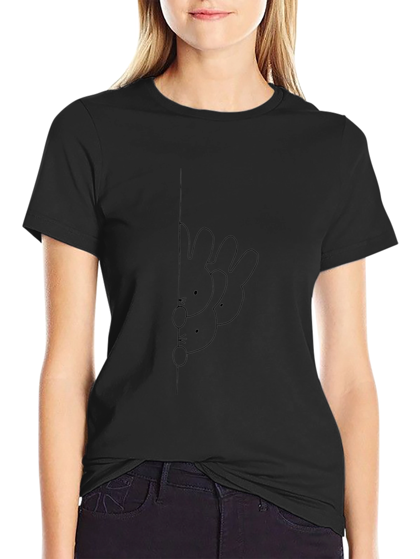 Black Tee with Bunny Peeking Line Art Graphic