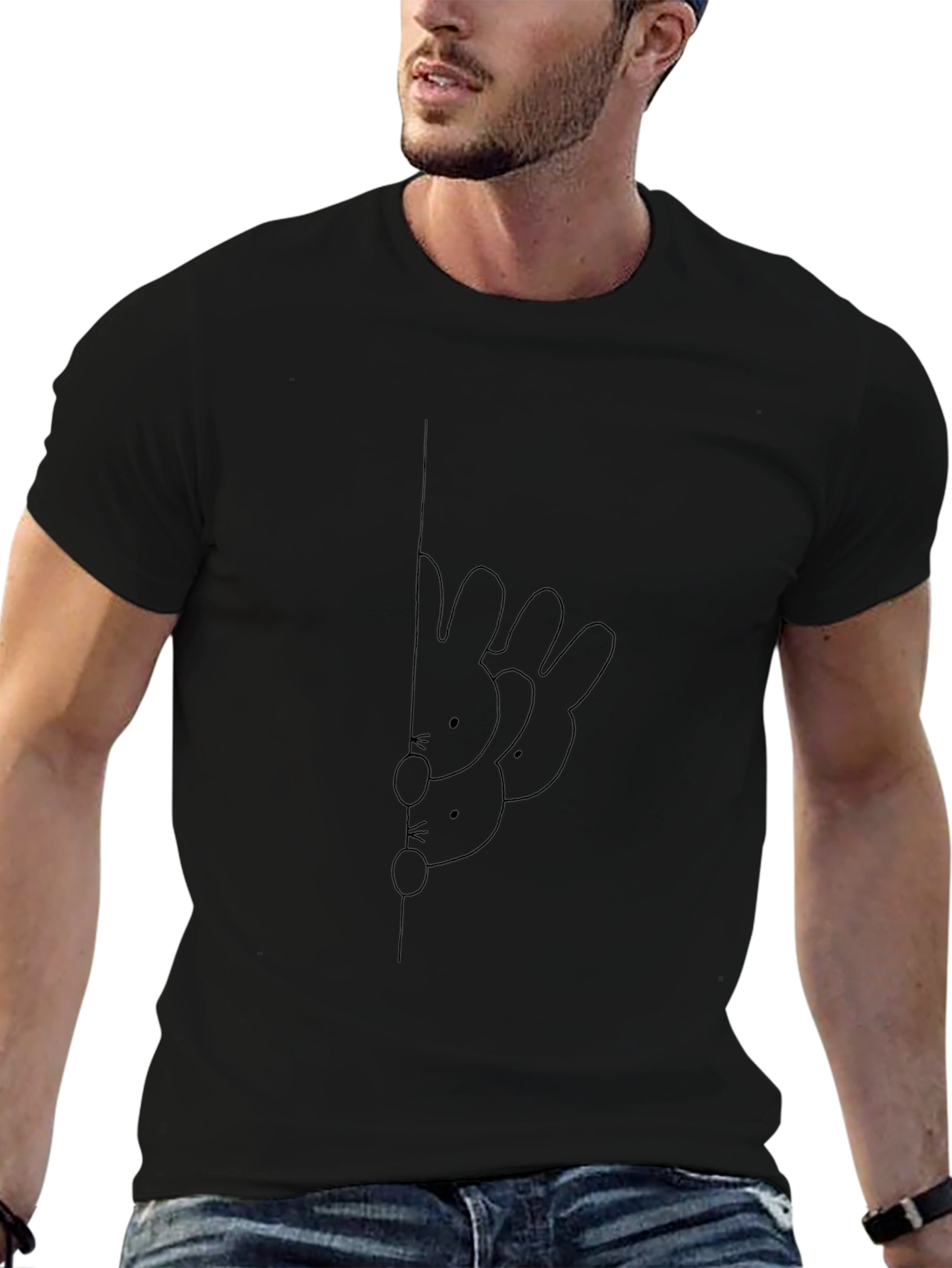 Black Tee with Bunny Peeking Line Art Graphic