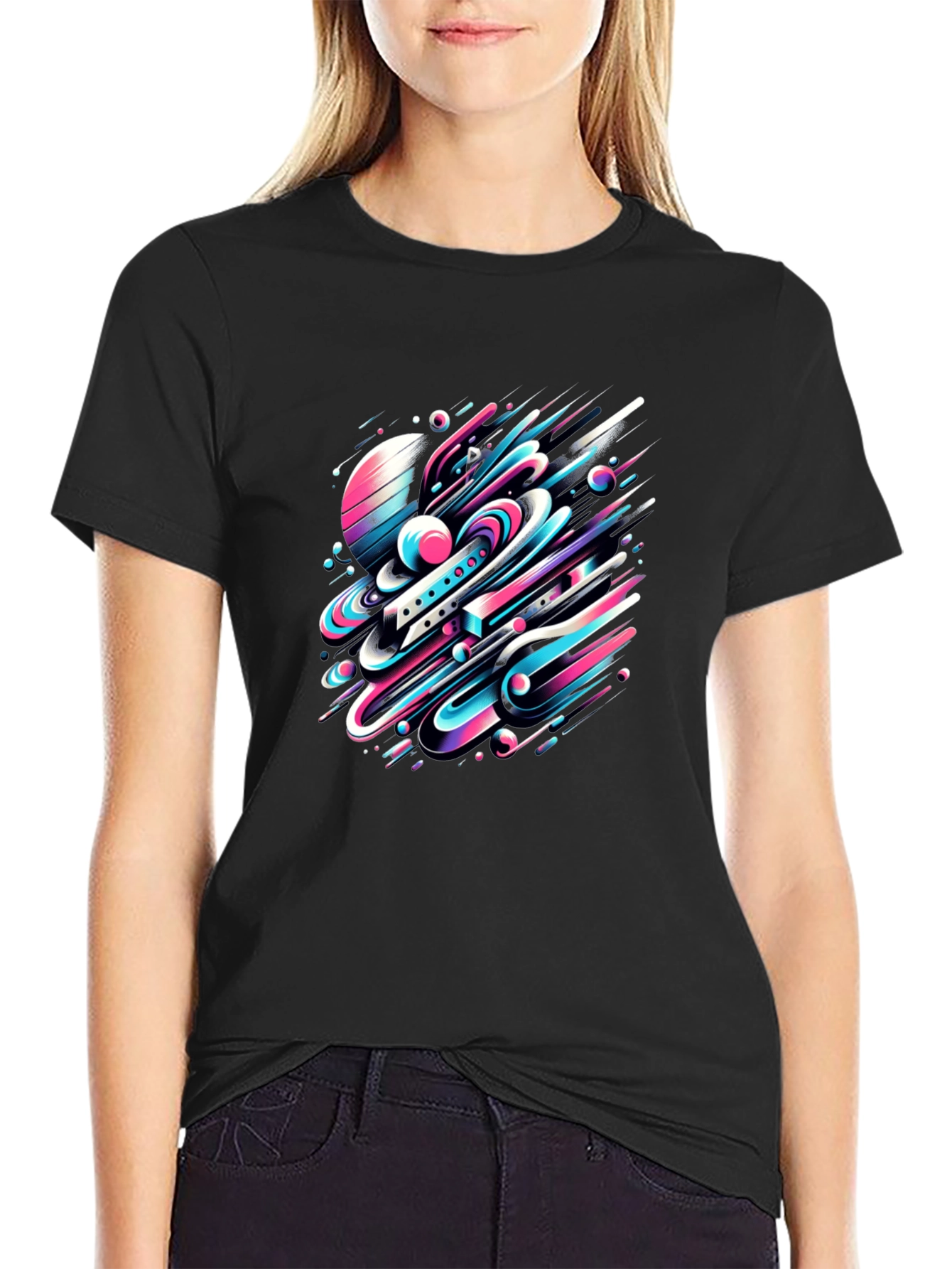 Abstract Space Tee: Graphic Print Black Cotton T-Shirt