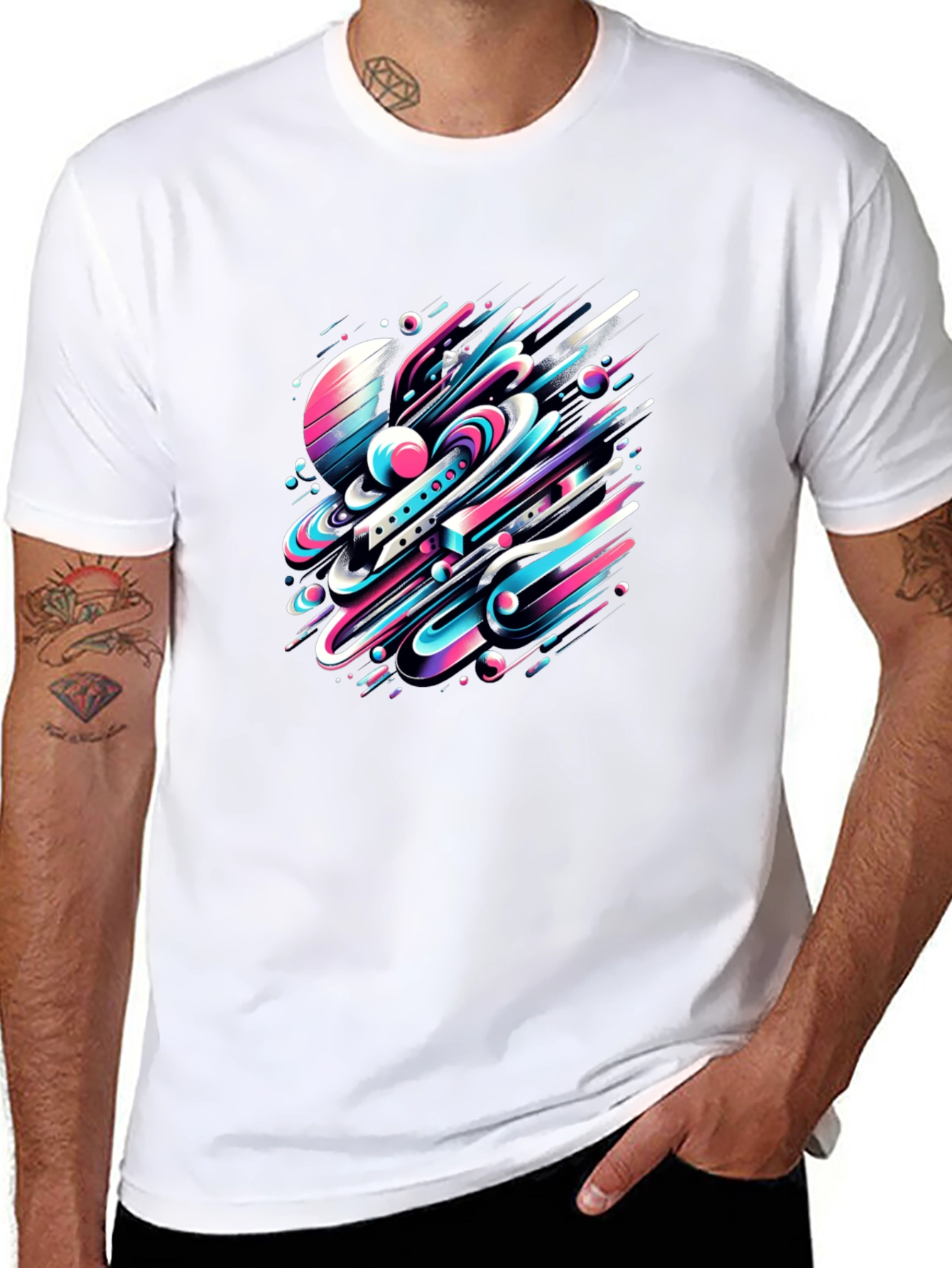 Abstract Space Tee: Graphic Print Black Cotton T-Shirt
