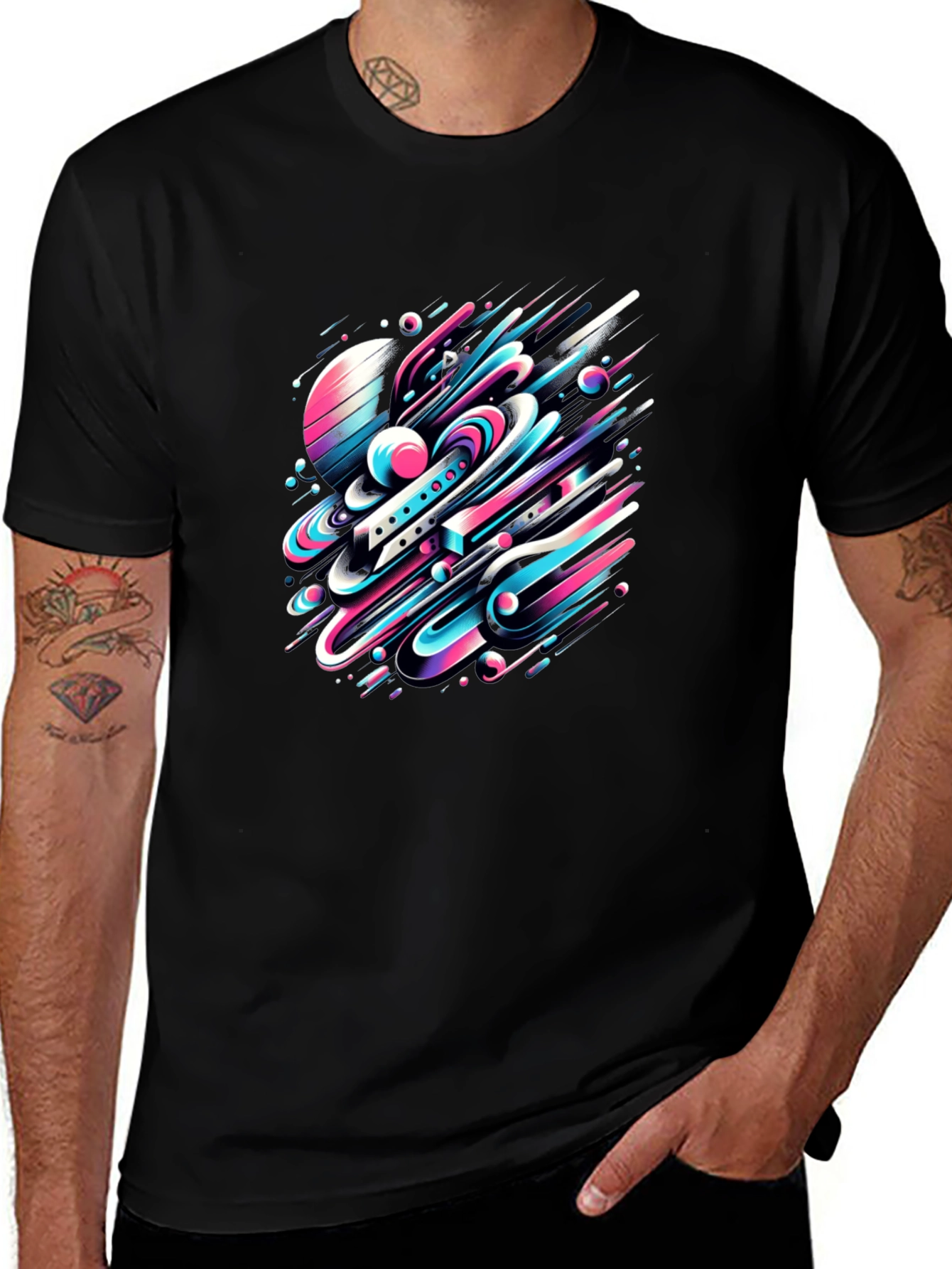 Abstract Space Tee: Graphic Print Black Cotton T-Shirt