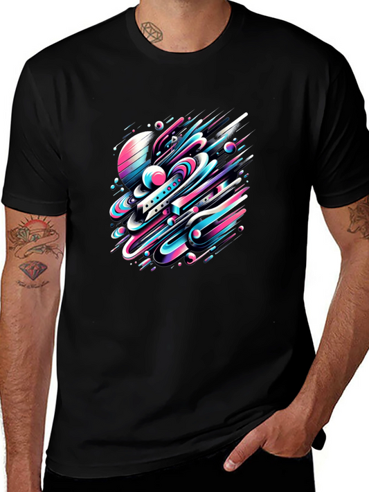 Abstract Space Tee: Graphic Print Black Cotton T-Shirt