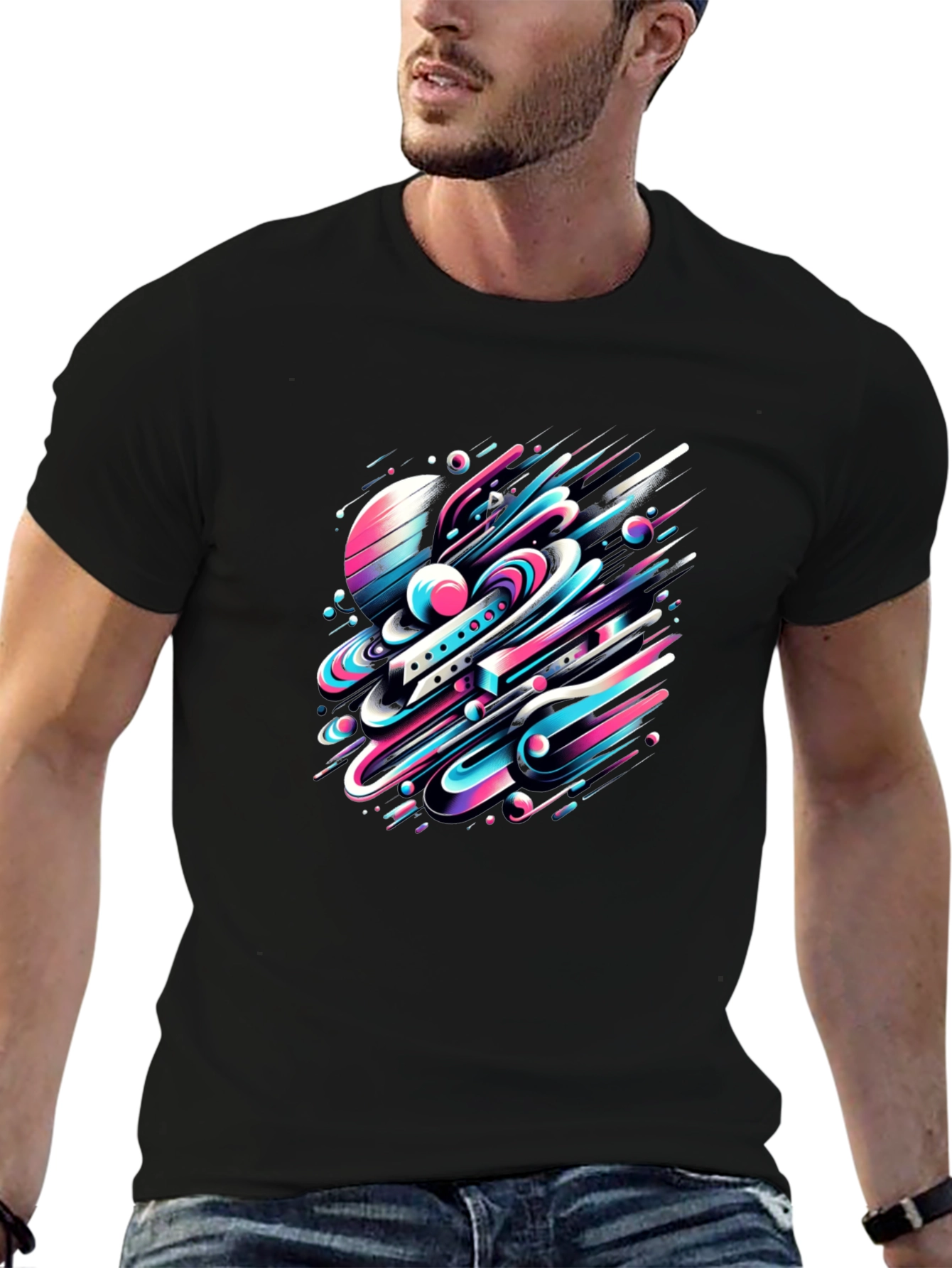 Abstract Space Tee: Graphic Print Black Cotton T-Shirt