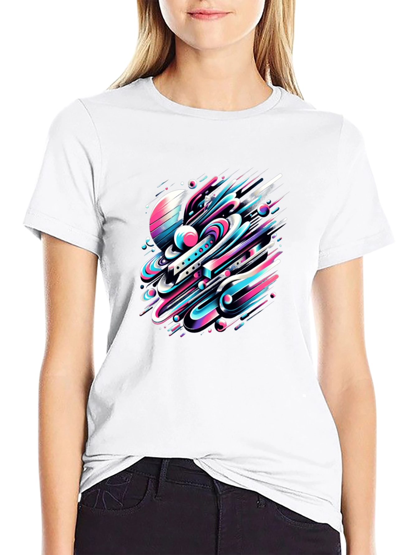 Abstract Space Tee: Graphic Print Black Cotton T-Shirt