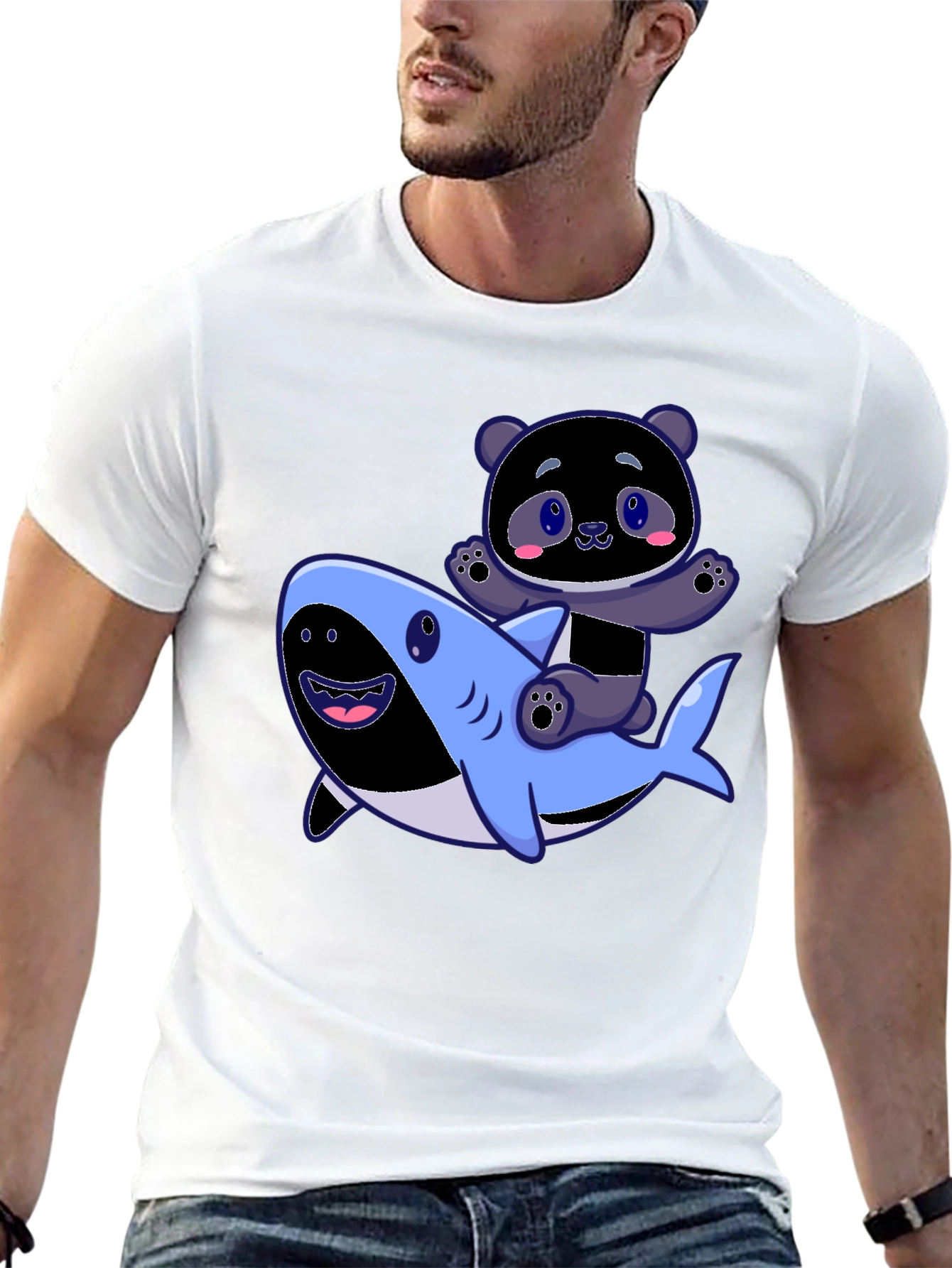 Panda Riding Shark Graphic Tee - Fun Black T-Shirt