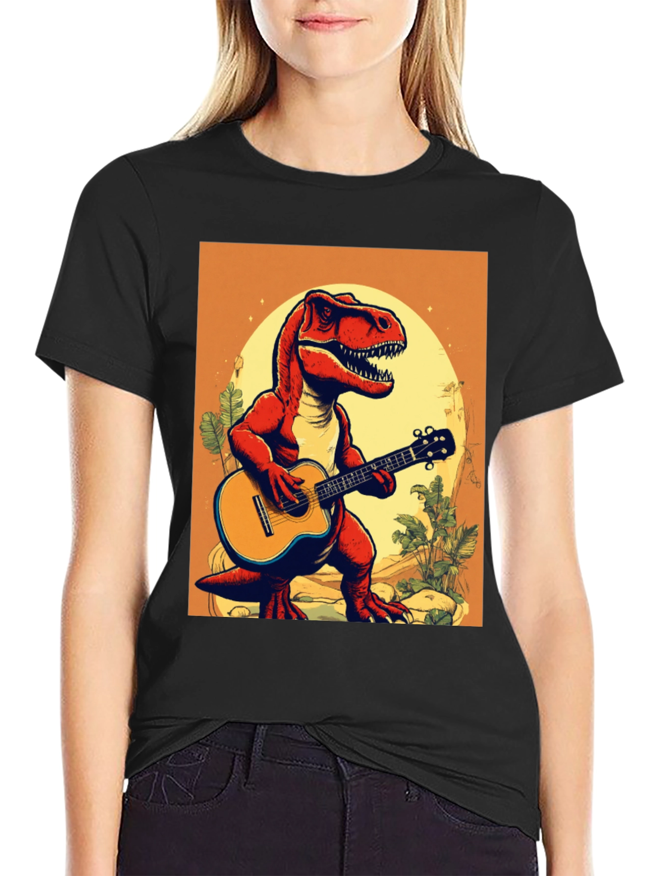 Dino Guitar Player T-Shirt - Cool Graphic Tee