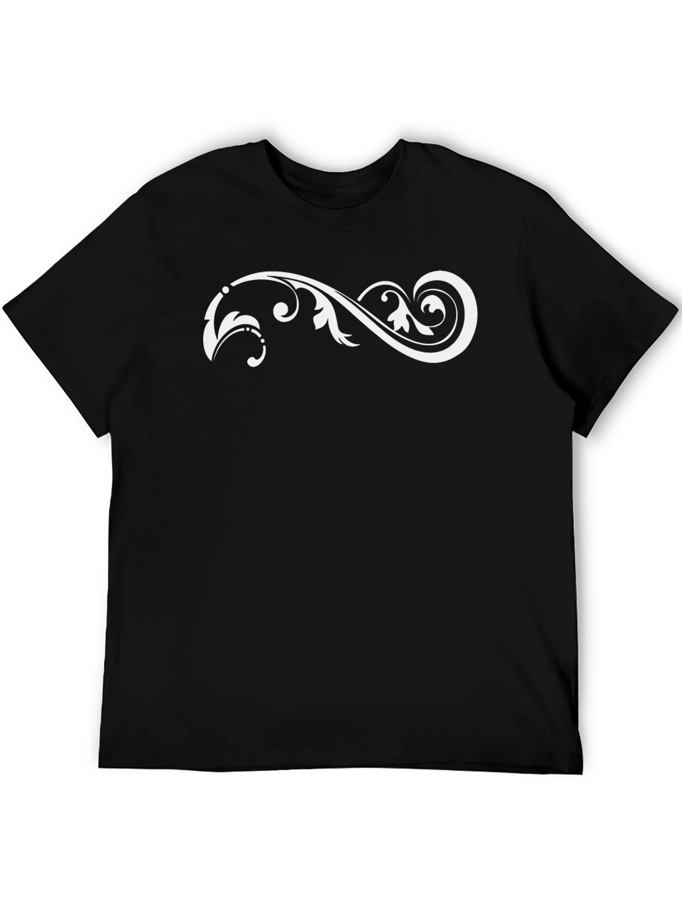 Black T-Shirt with White Floral Scroll Design