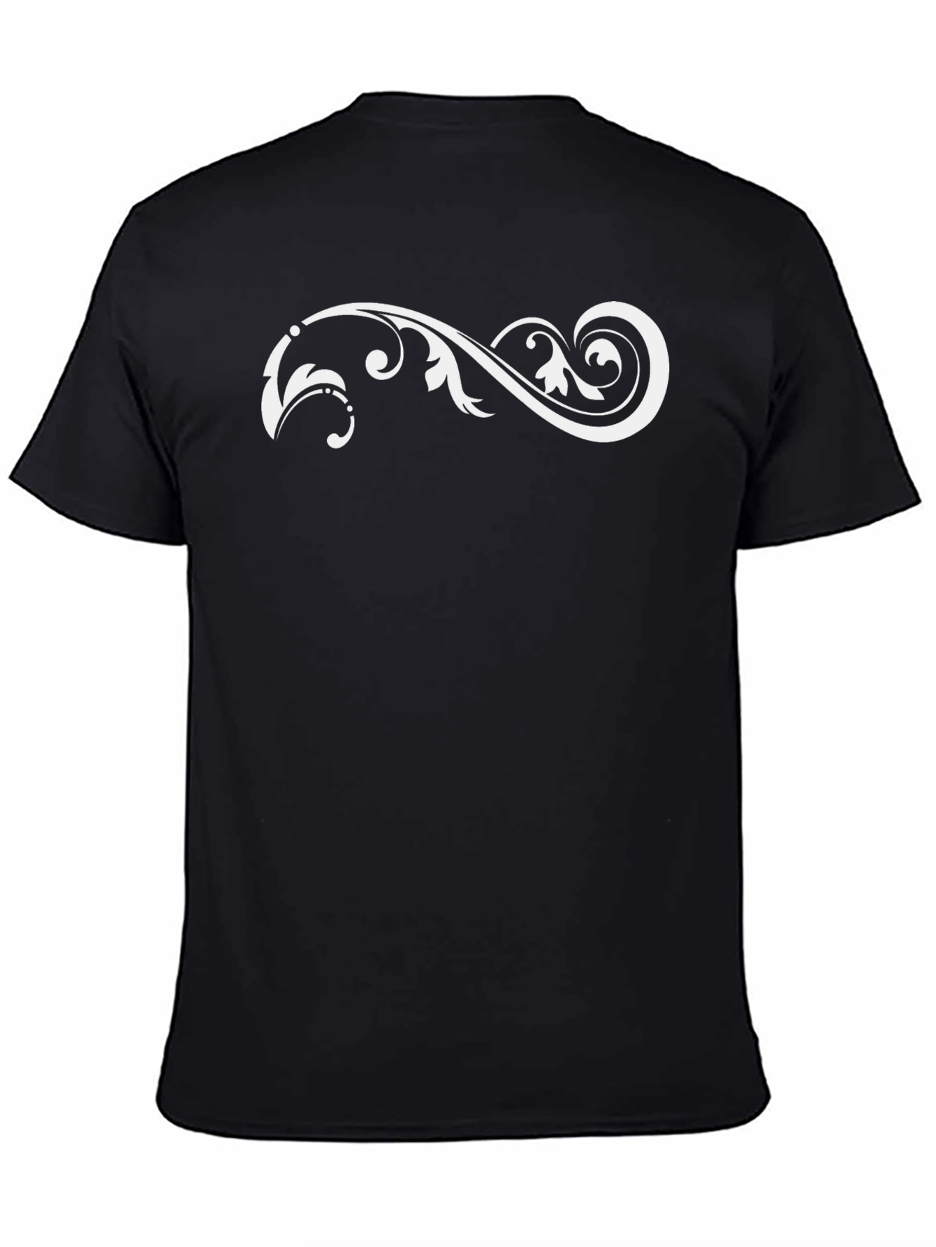 Black T-Shirt with White Floral Scroll Design