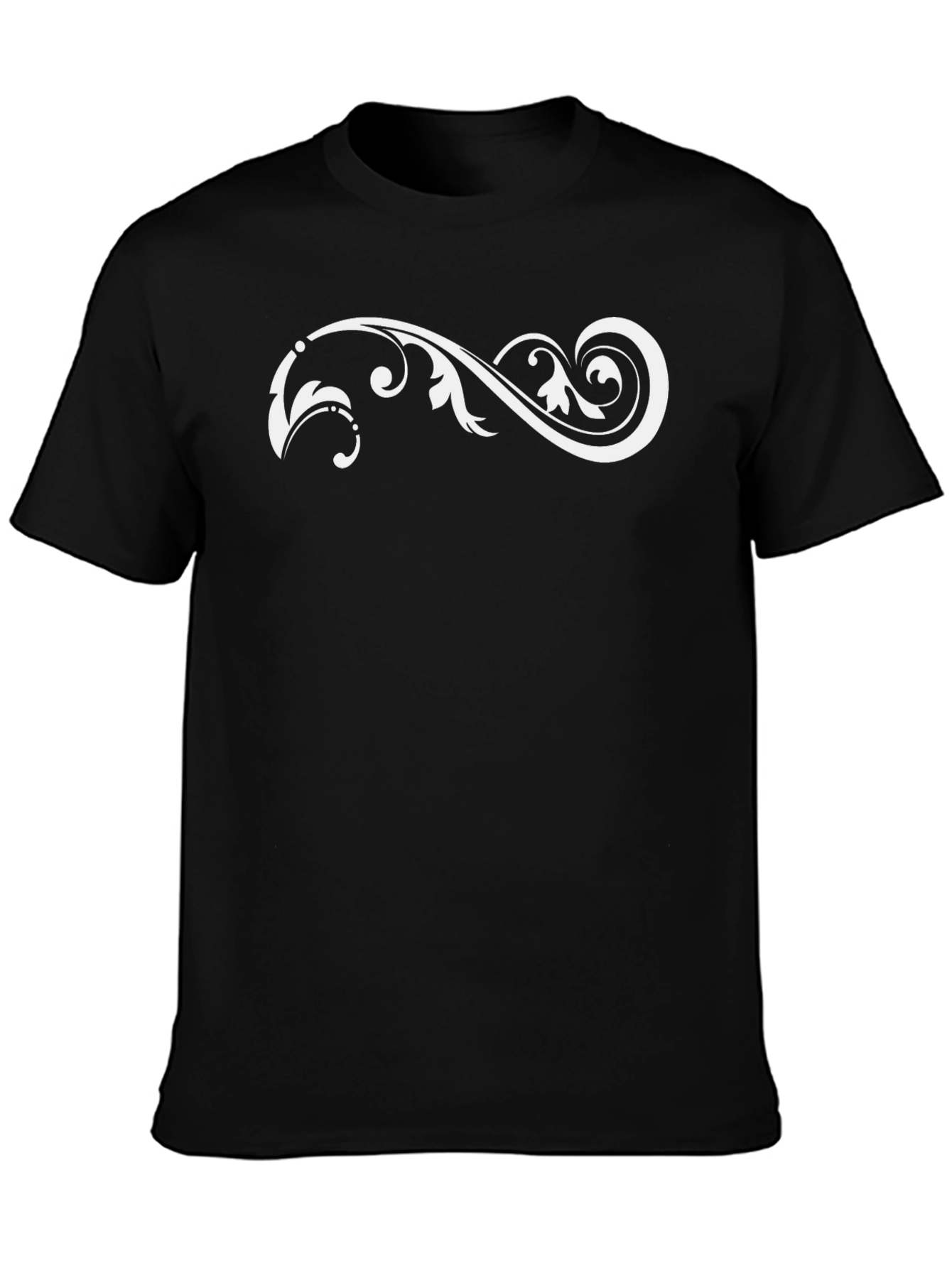 Black T-Shirt with White Floral Scroll Design