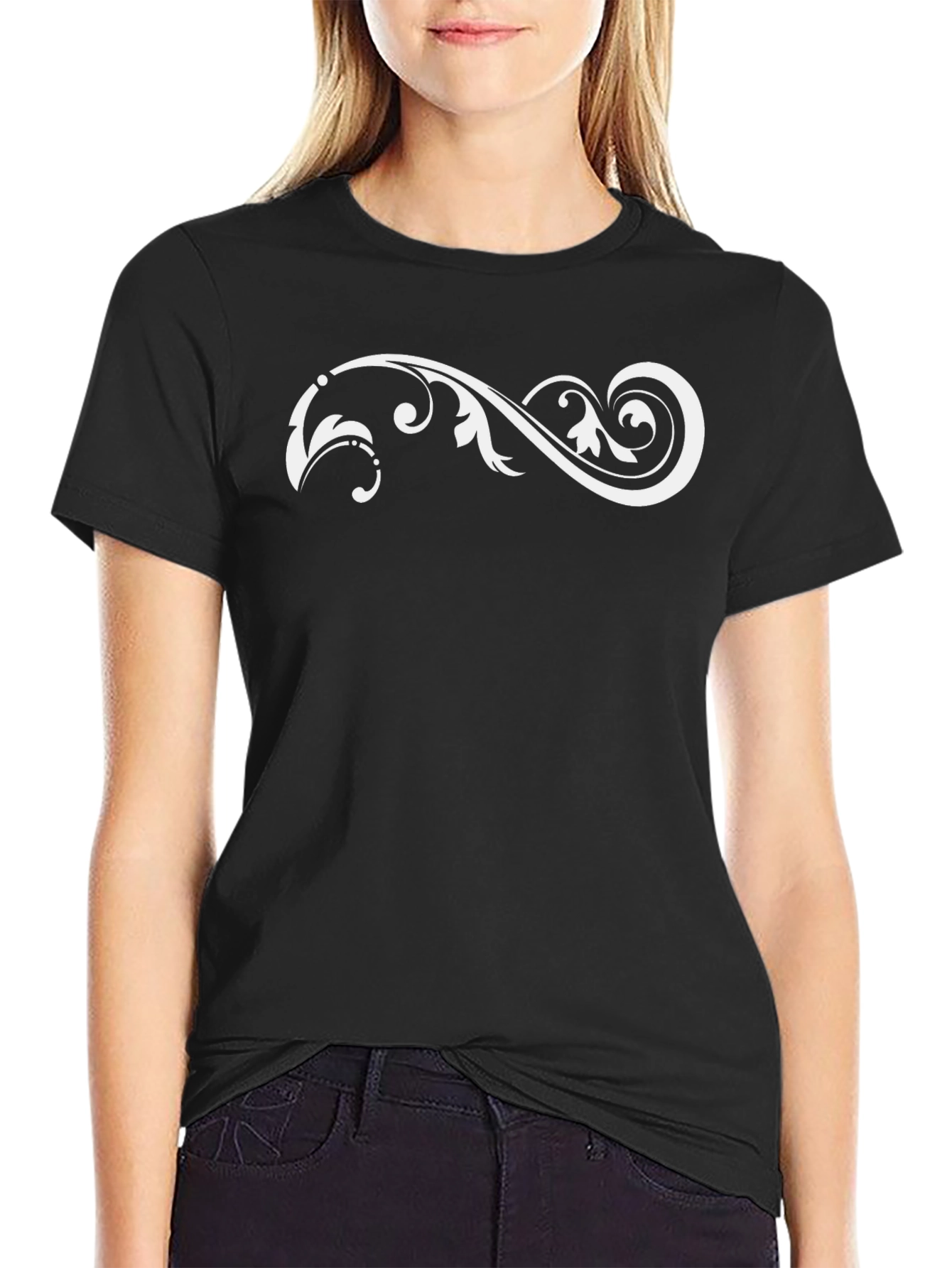 Black T-Shirt with White Floral Scroll Design