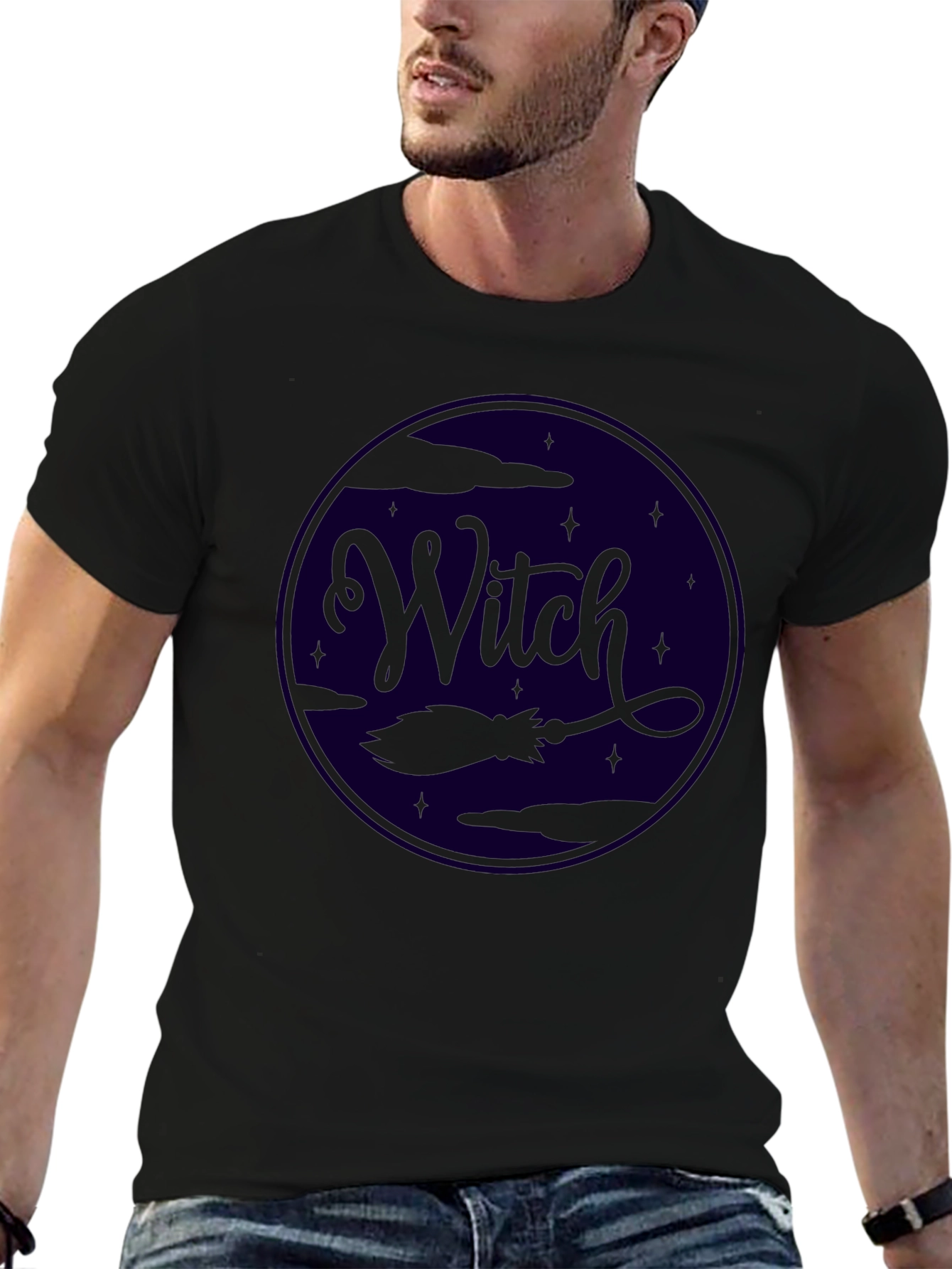 Witch Broom Halloween Graphic Tee - Black