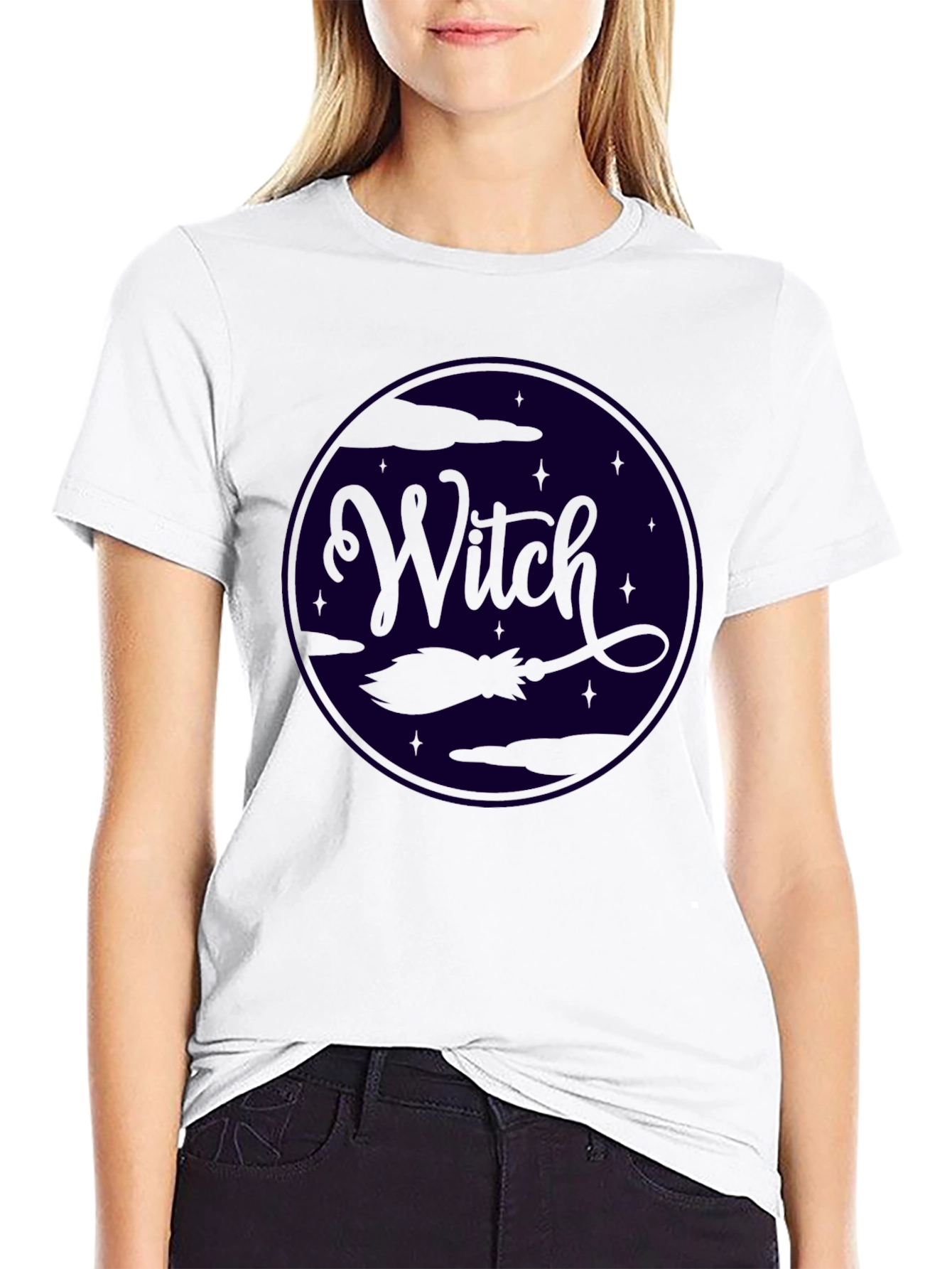 Witch Broom Halloween Graphic Tee - Black