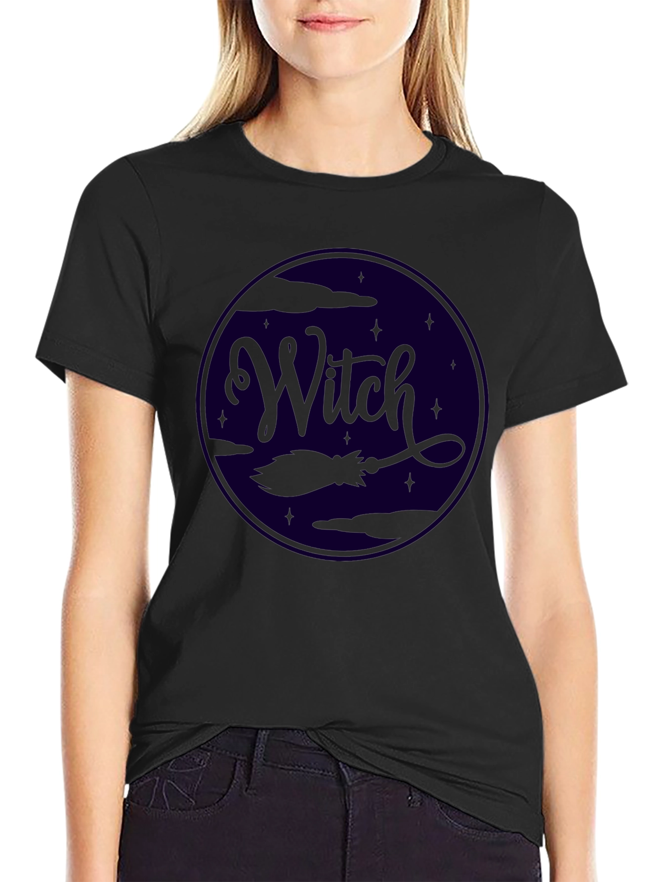 Witch Broom Halloween Graphic Tee - Black
