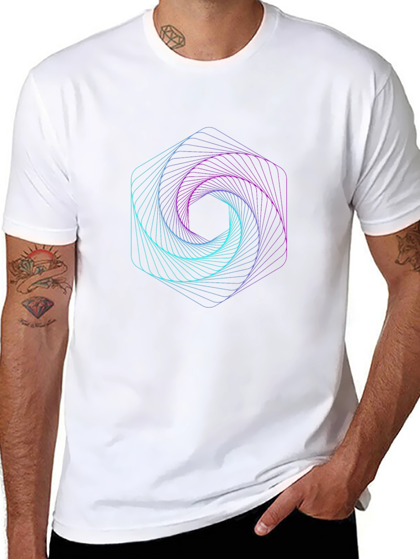 Geometric Hexagon Vortex Graphic Black Tee