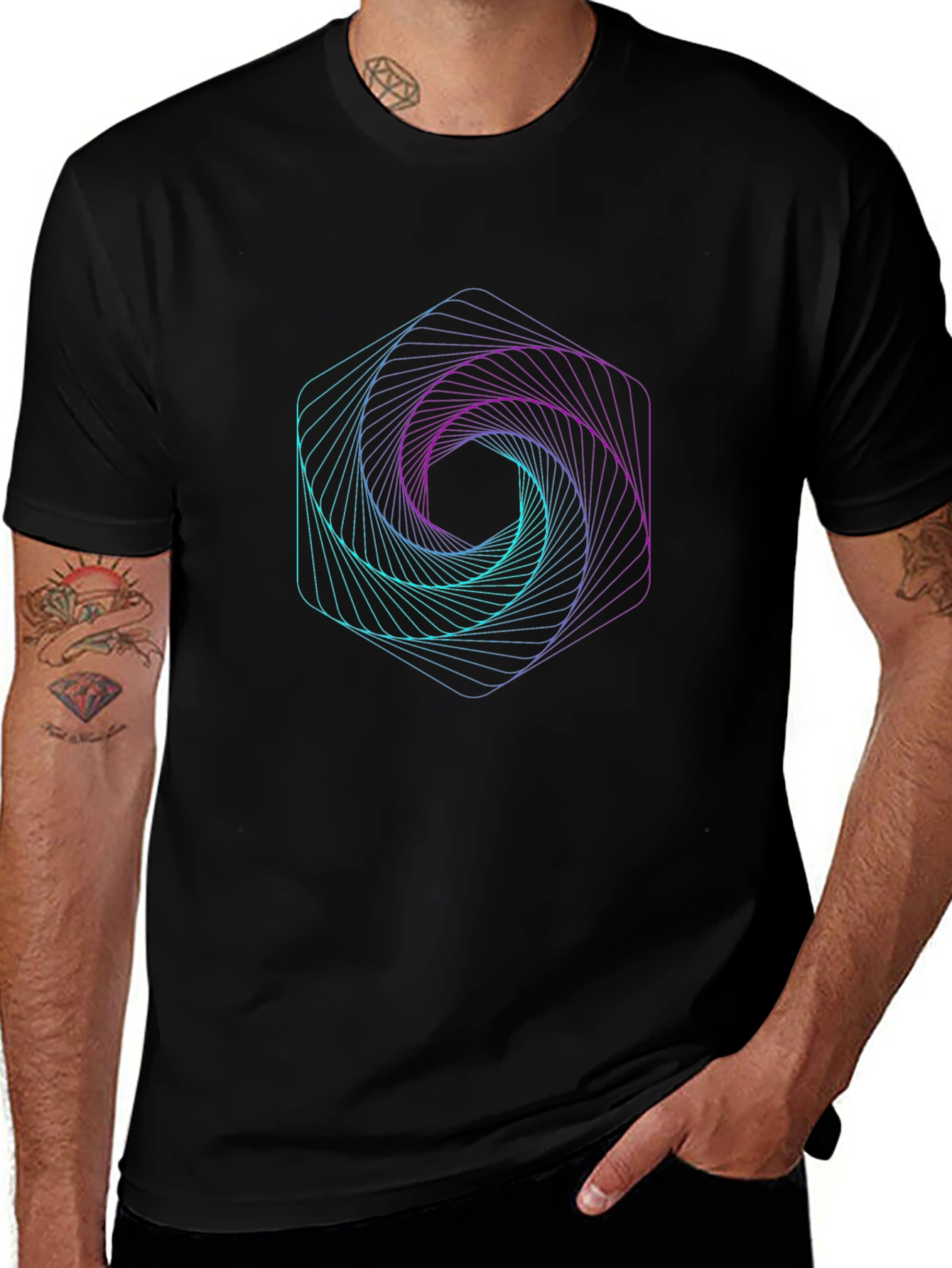 Geometric Hexagon Vortex Graphic Black Tee