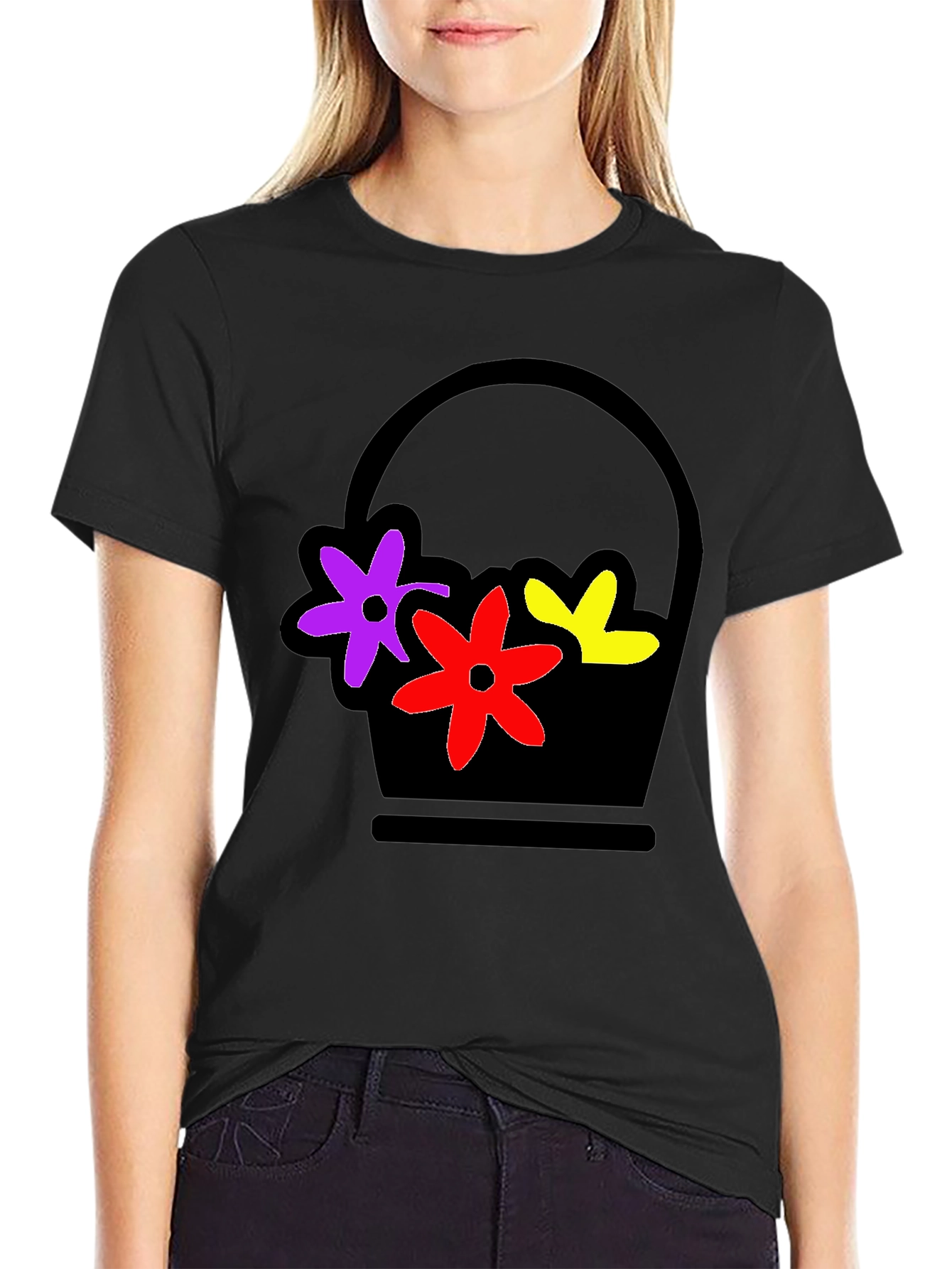 Floral Basket Graphic Tee - Stylish Black T-Shirt